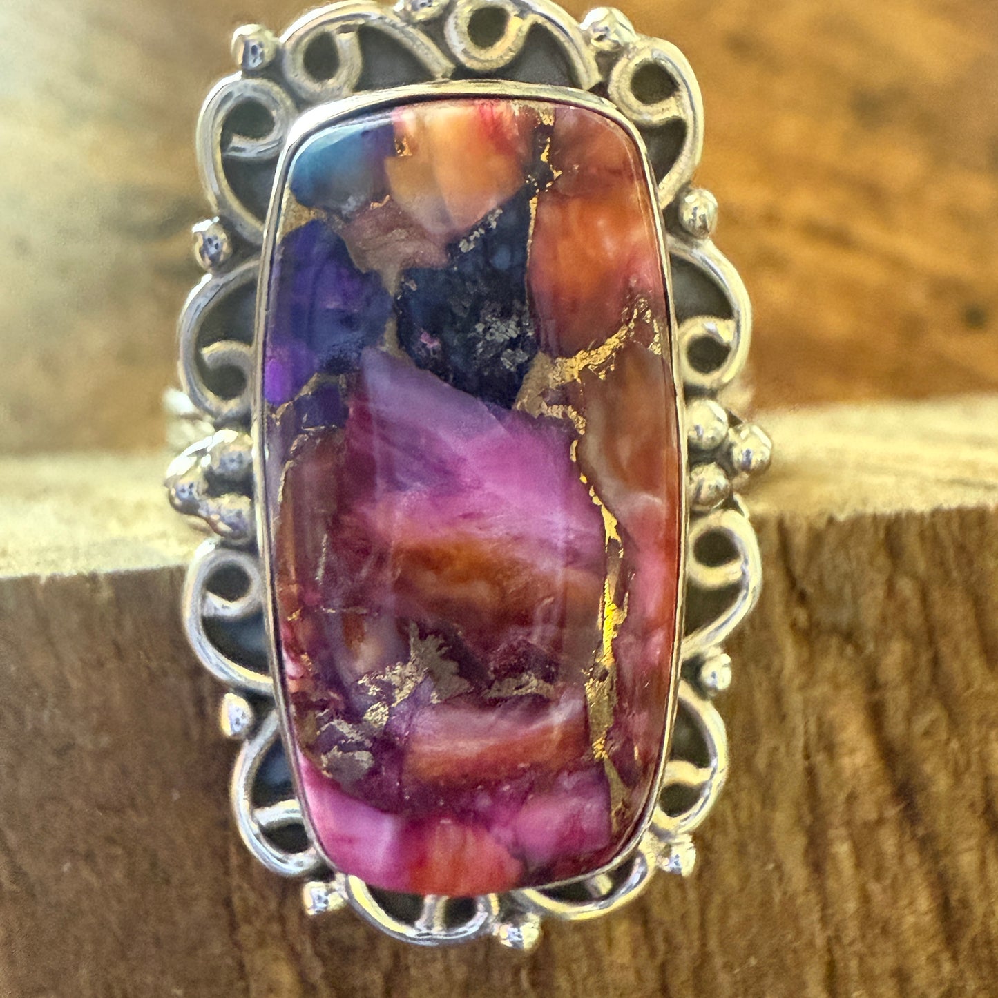 Spiny Turquoise Ring With Pink Oyster Copper And 925 Sterling Silver Size 6