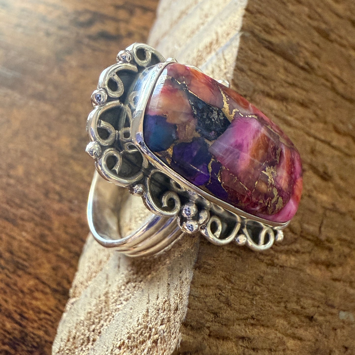 Spiny Turquoise Ring With Pink Oyster Copper And 925 Sterling Silver Size 6