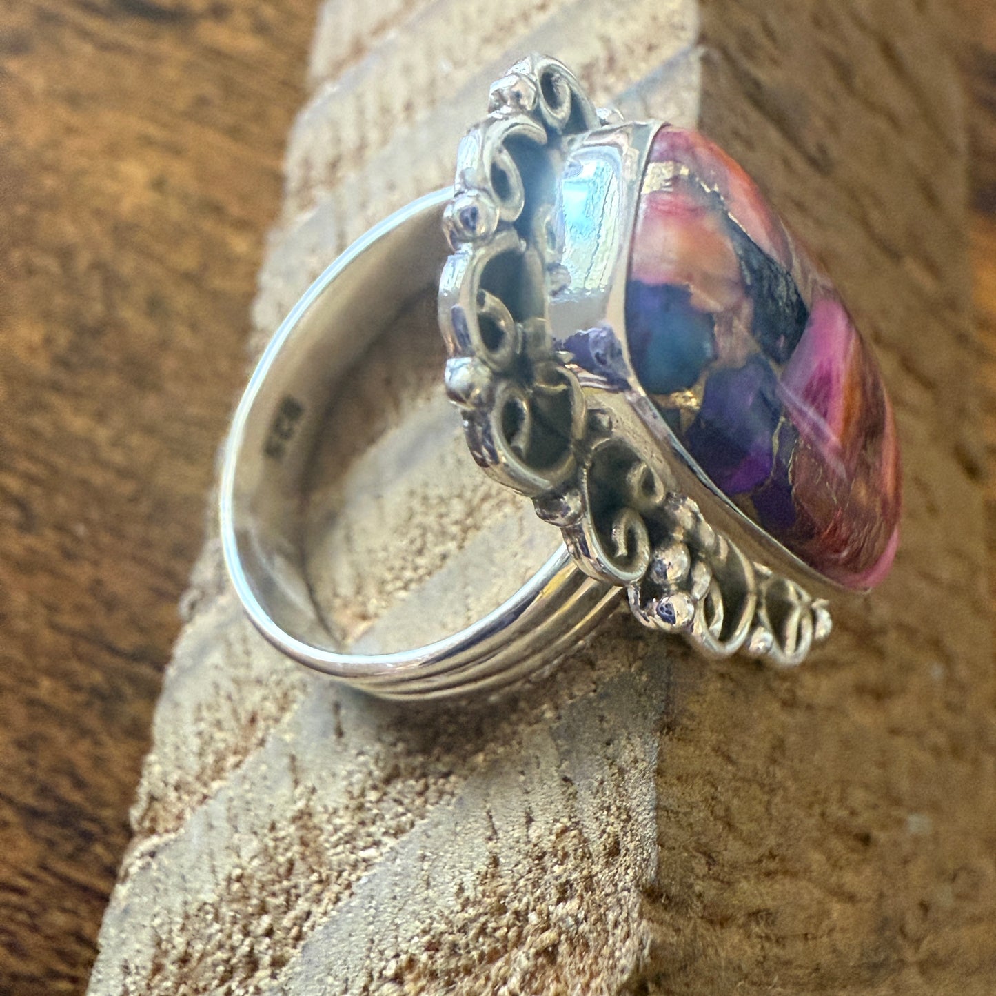 Spiny Turquoise Ring Pink Oyster Copper Turquoise Sterling Silver Size 8.5
