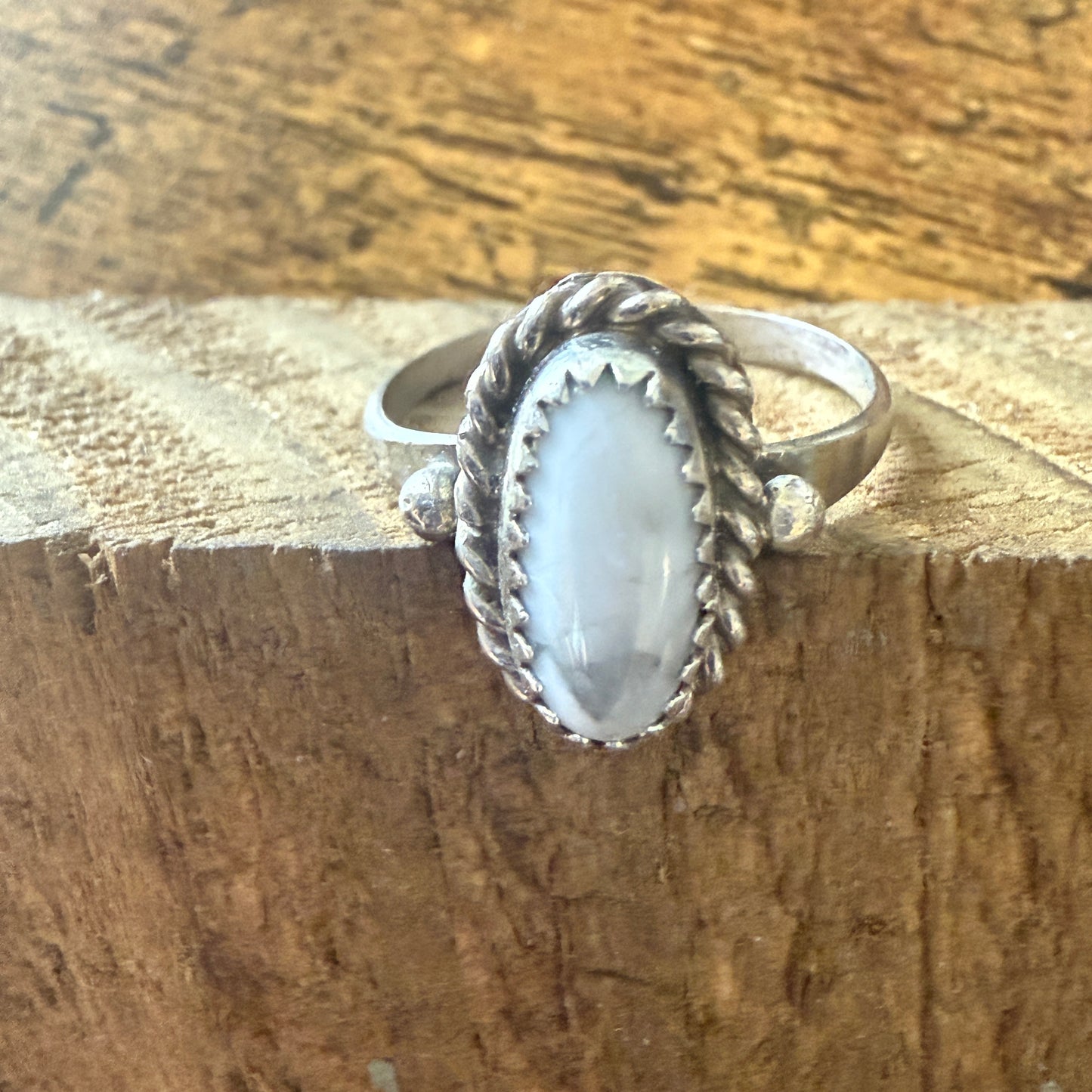 White Buffalo Turquoise Ring Sterling Navajo Handmade Size Seven Point Five
