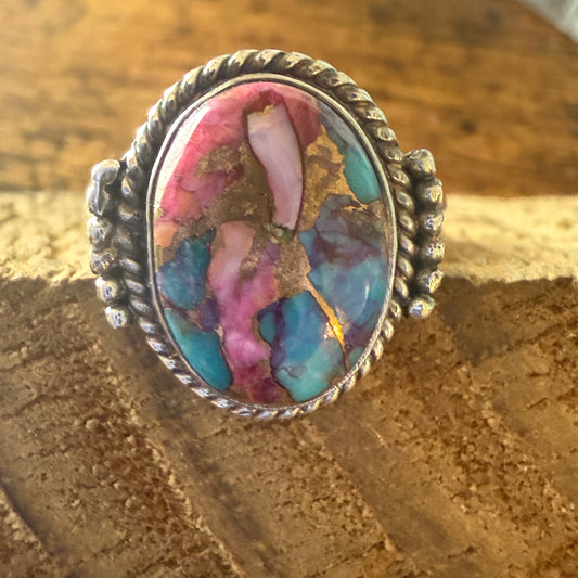 Pink Oyster Turquoise Sterling Silver Ring Size 8 Handmade