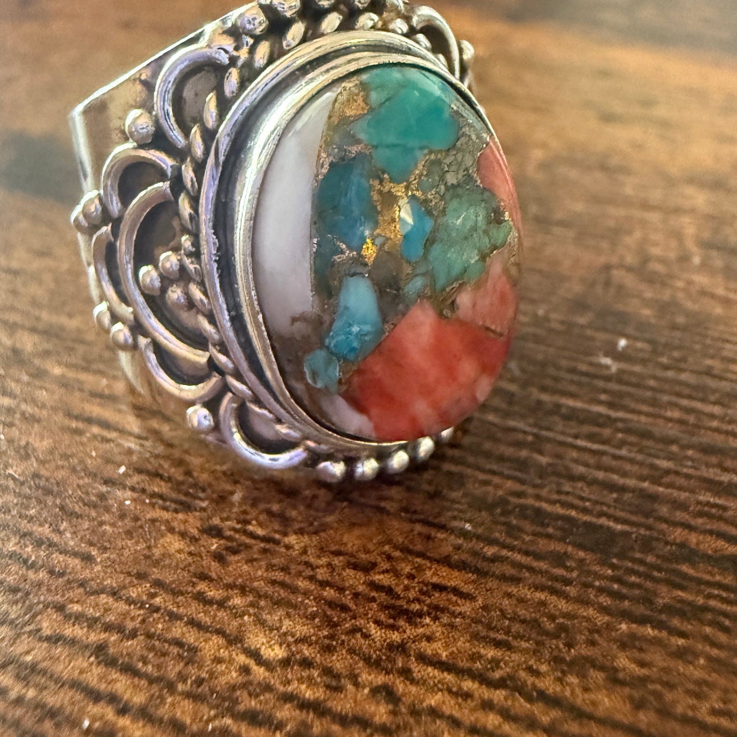 Natural Oyster Turquoise Gemstone Sterling Silver Cuff Ring Size 8