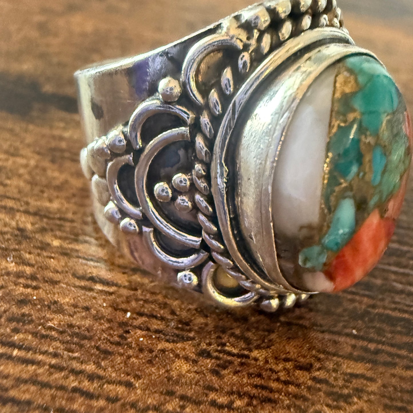 Natural Oyster Turquoise Gemstone Sterling Silver Cuff Ring Size 8