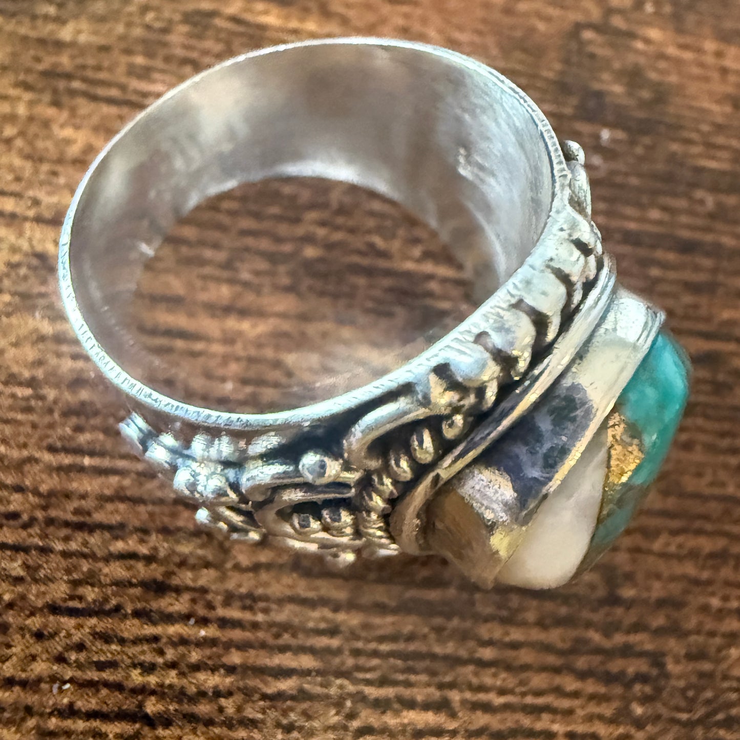 Natural Oyster Turquoise Gemstone Sterling Silver Cuff Ring Size 8