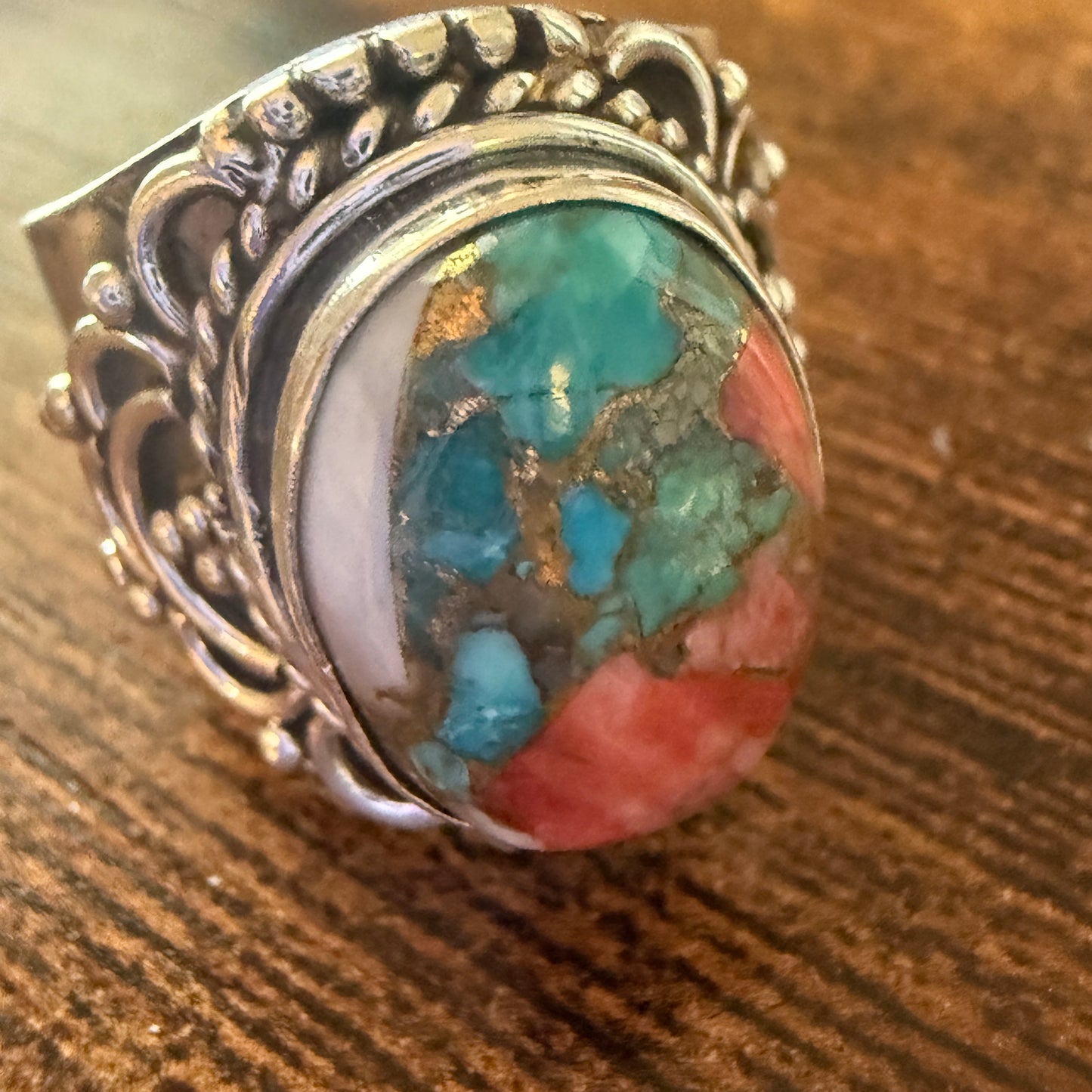 Natural Oyster Turquoise Gemstone Sterling Silver Cuff Ring Size 8