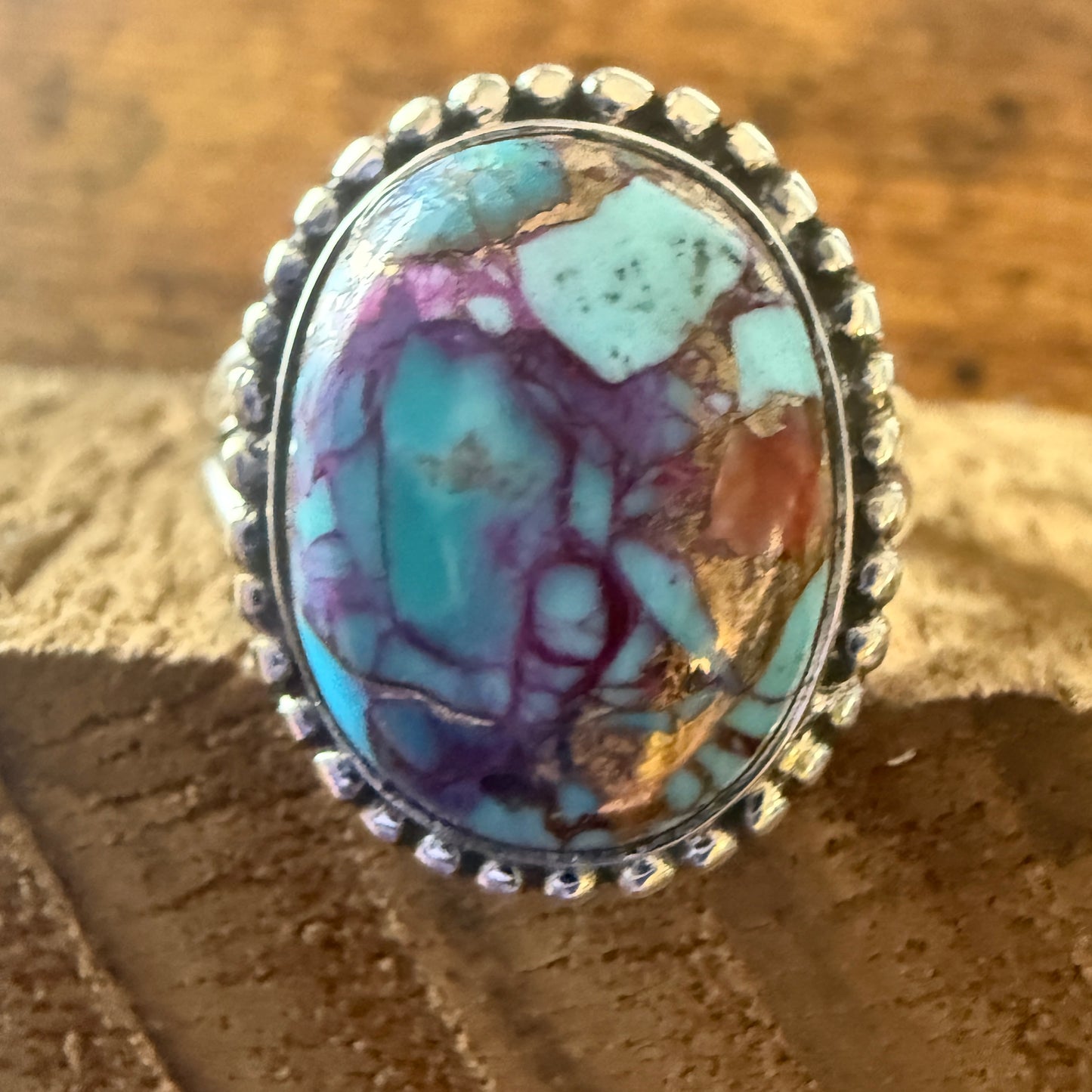 Kingman Purple Dahlia Turquoise 925 Sterling Silver Handmade Ring, Size 10