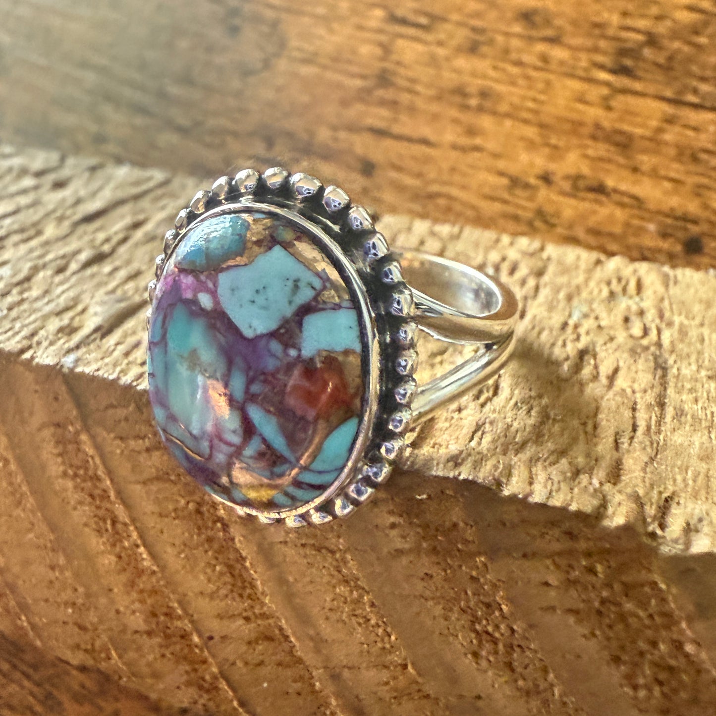 Kingman Purple Dahlia Turquoise 925 Sterling Silver Handmade Ring, Size 10