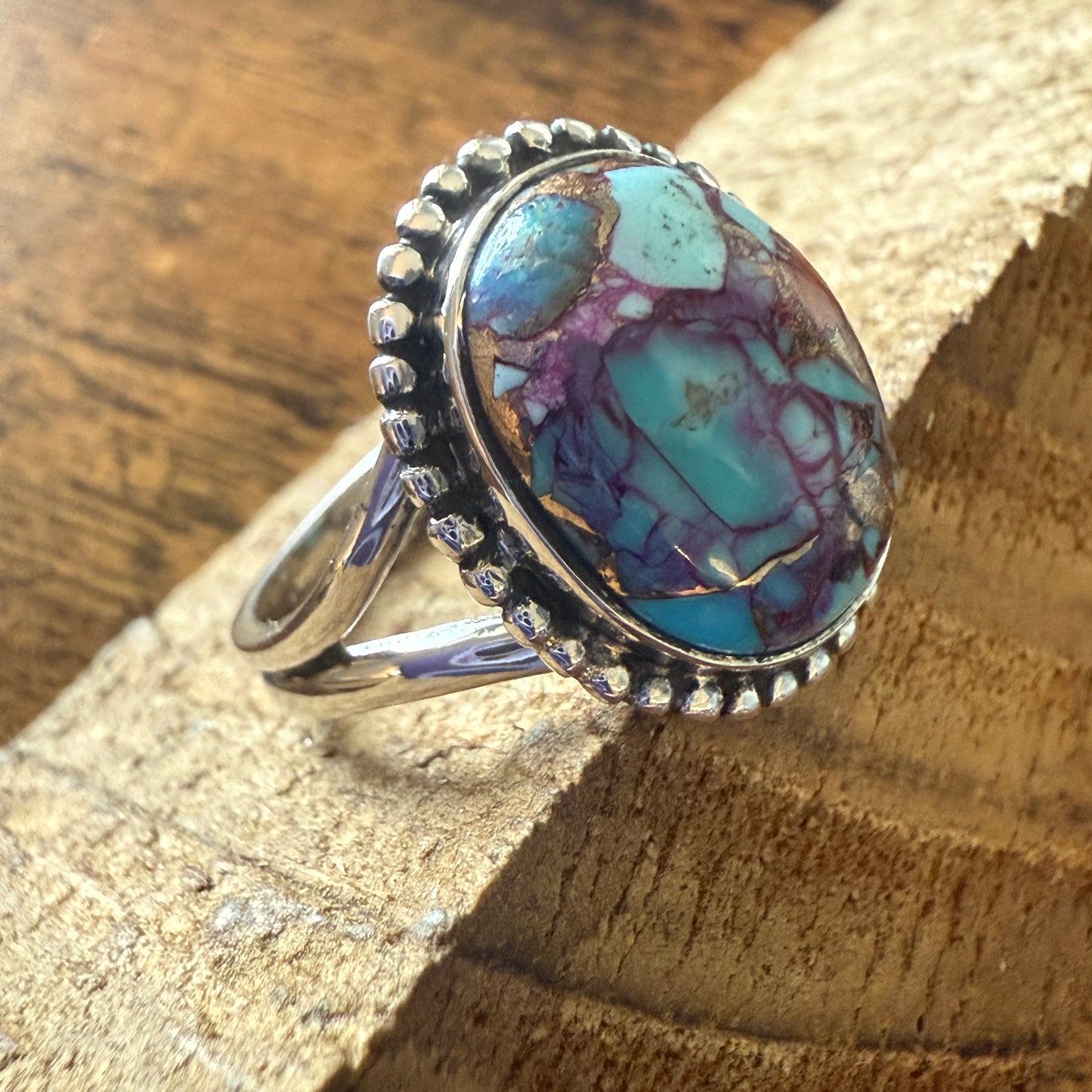 Kingman Purple Dahlia Turquoise 925 Sterling Silver Handmade Ring, Size 10
