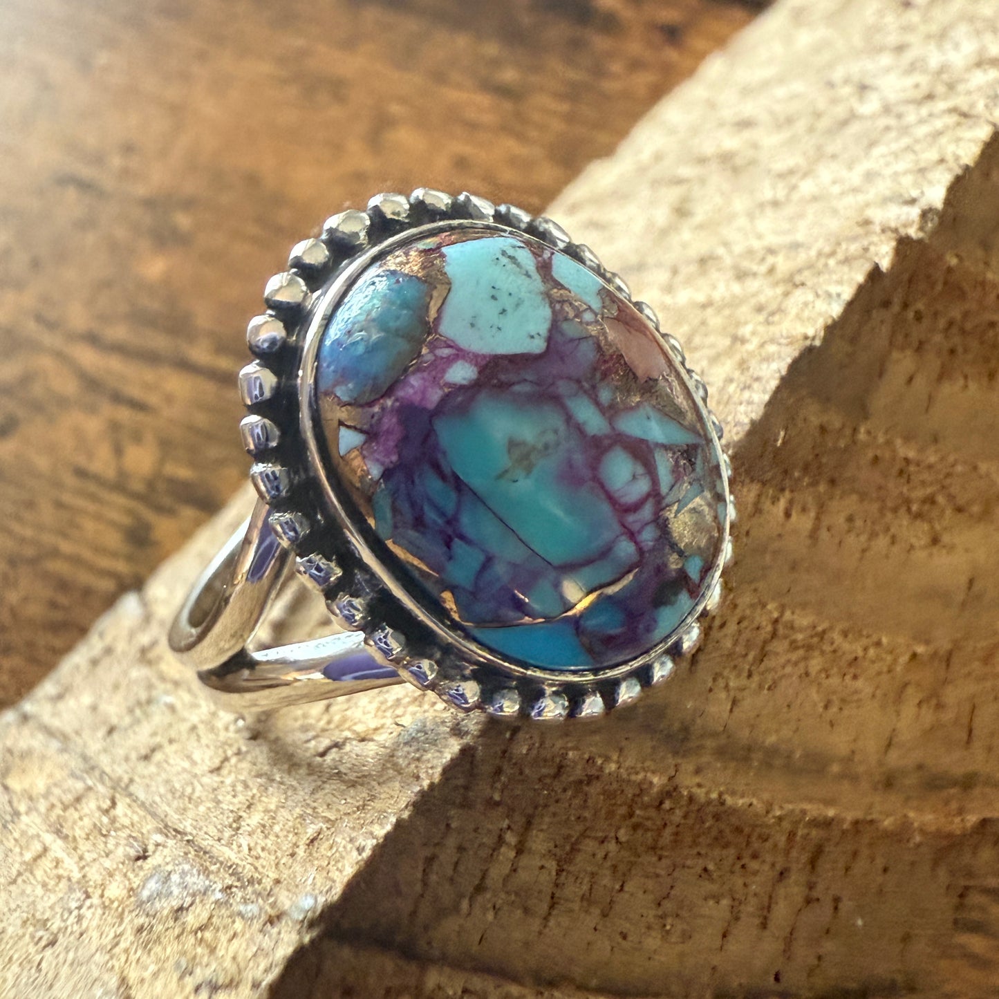 Kingman Purple Dahlia Turquoise 925 Sterling Silver Handmade Ring, Size 10