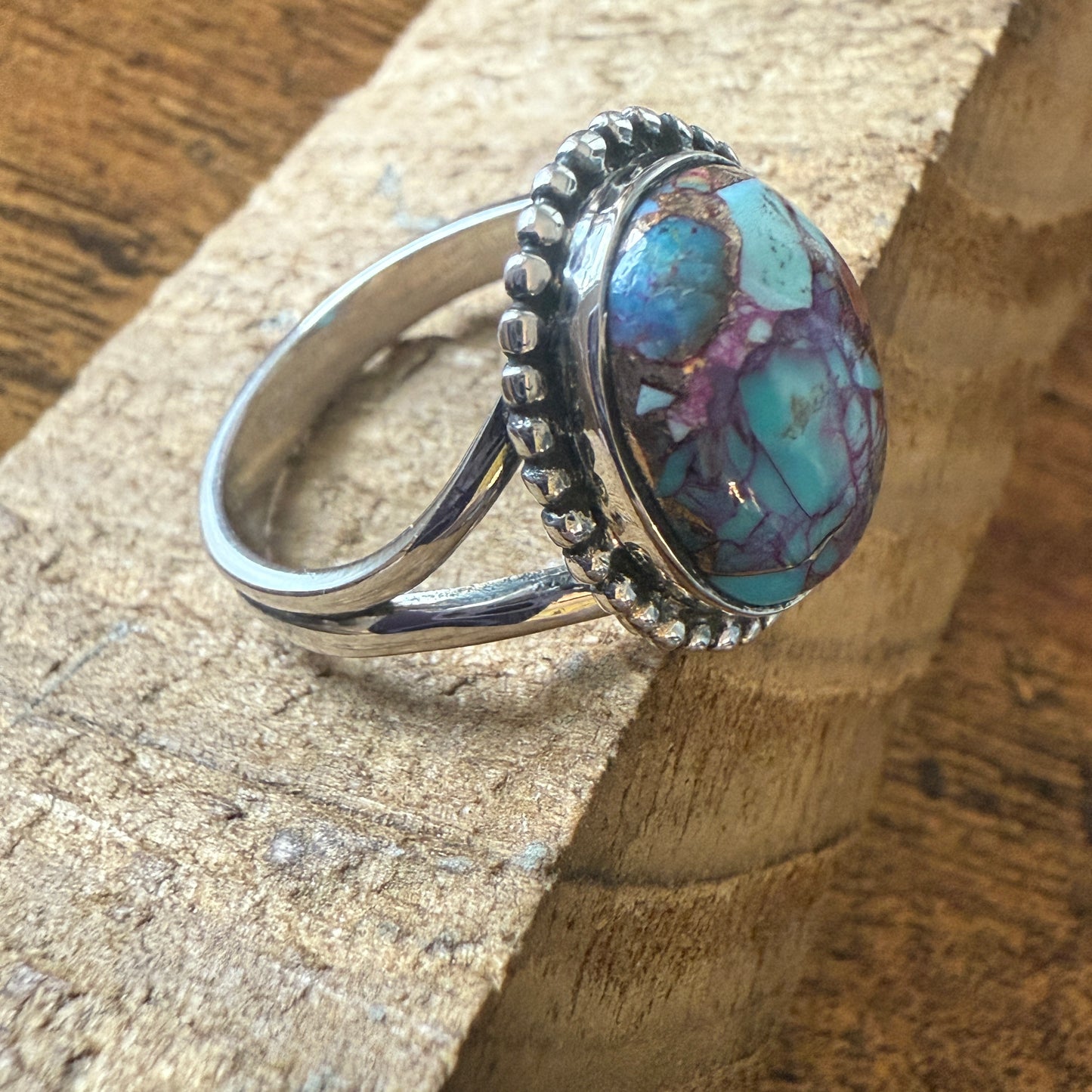 Kingman Purple Dahlia Turquoise 925 Sterling Silver Handmade Ring, Size 10