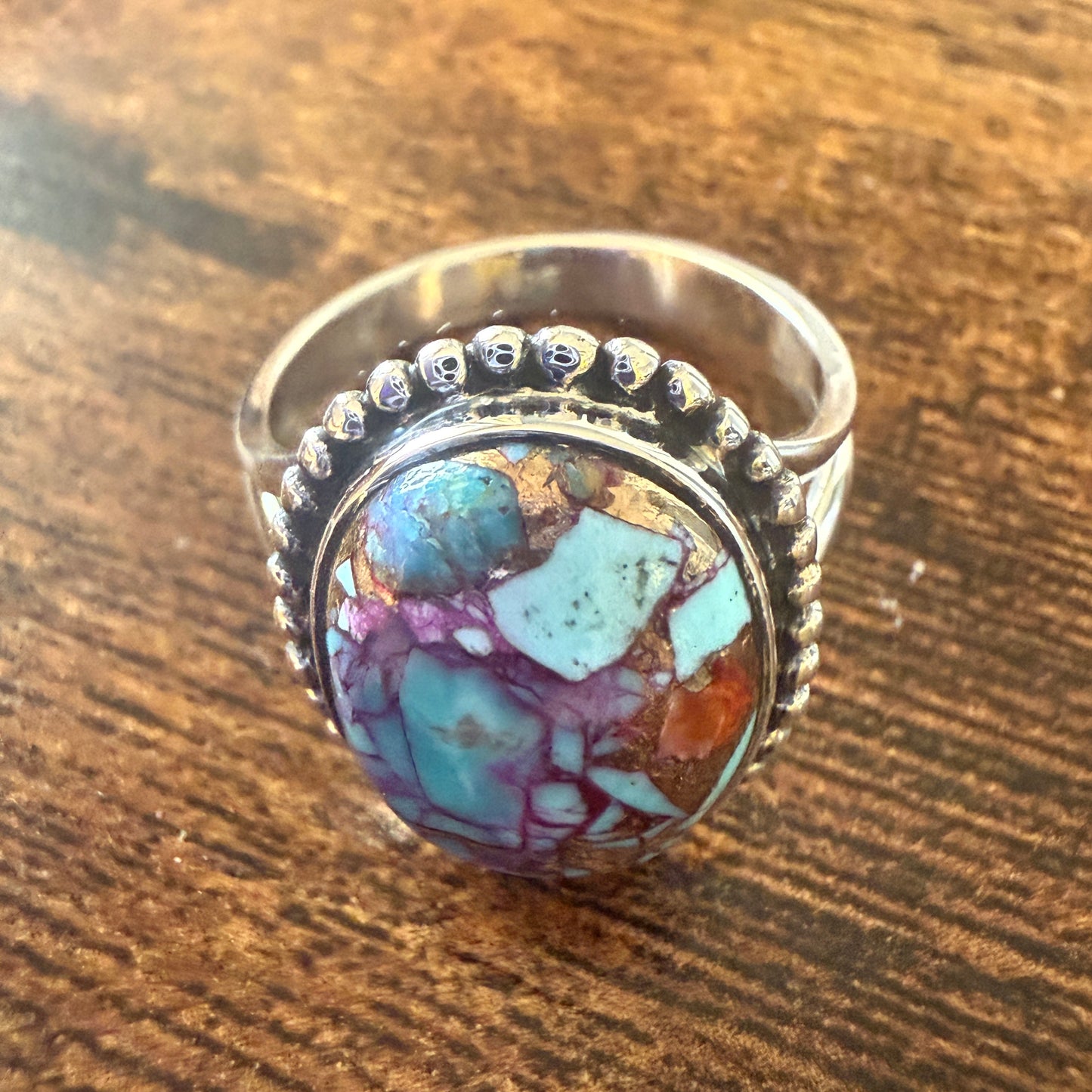 Kingman Purple Dahlia Turquoise 925 Sterling Silver Handmade Ring, Size 10