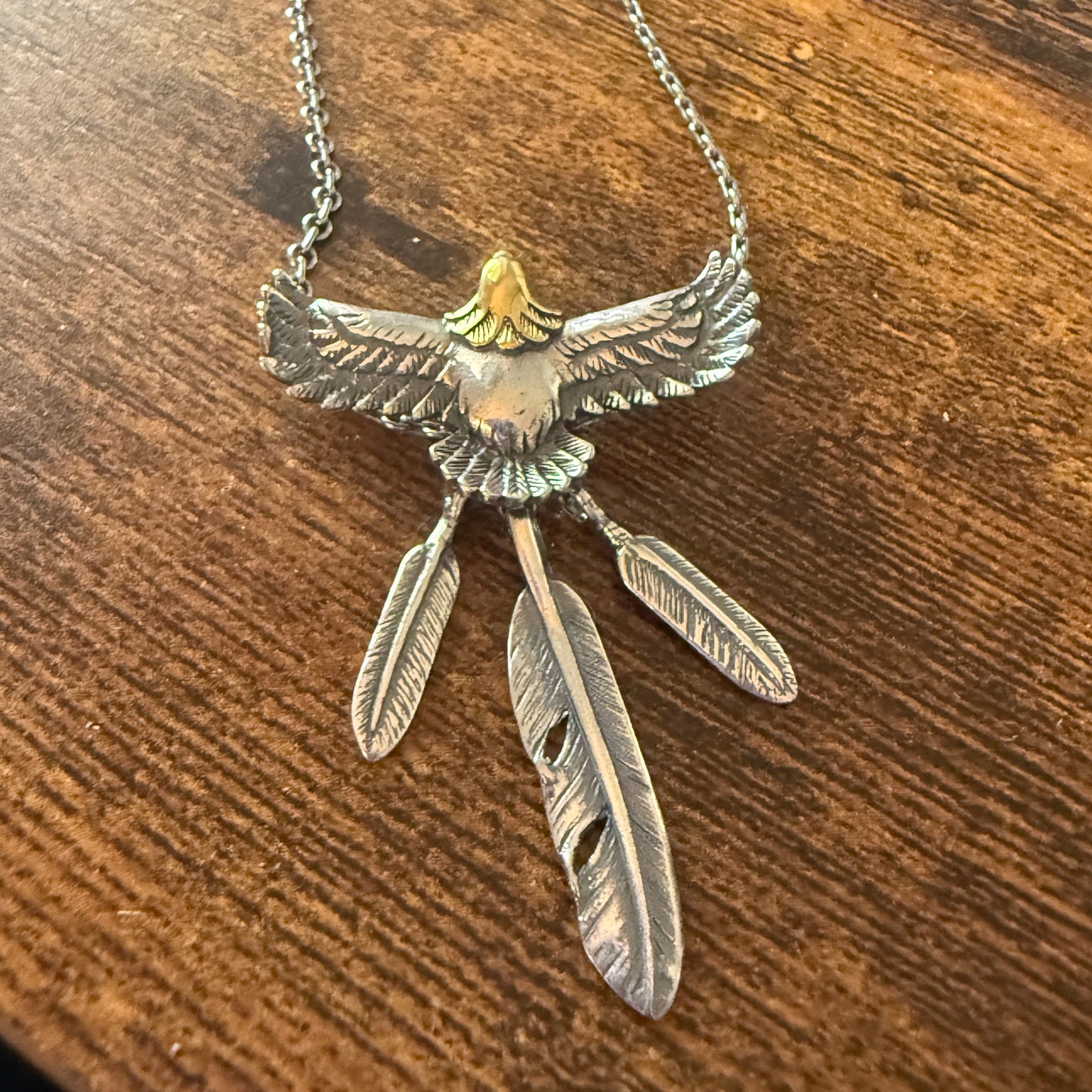 Handcrafted Eagle and Feathers Pendant Necklace Mixed Metals 20 Inch Chain