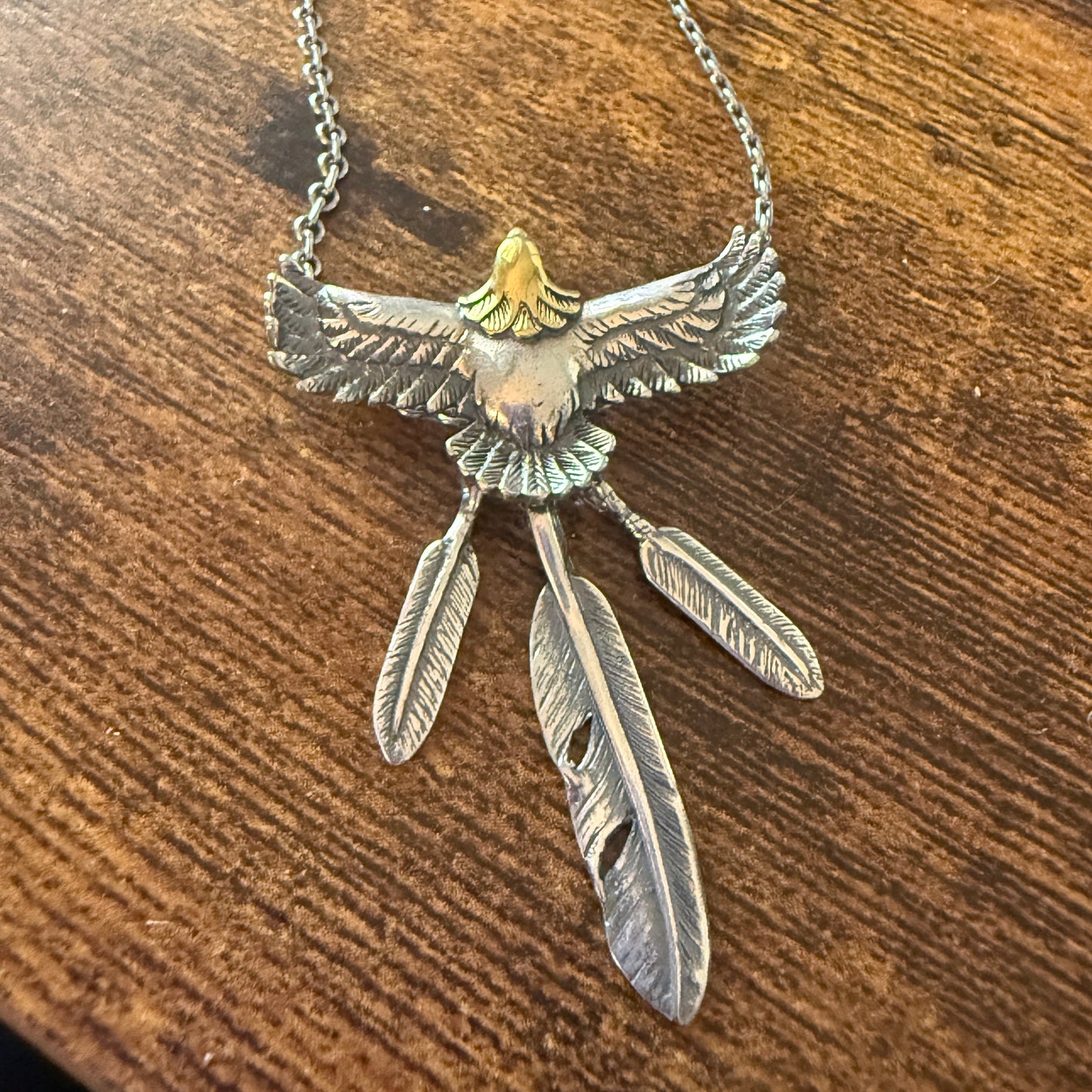 Handcrafted Eagle and Feathers Pendant Necklace Mixed Metals 20 Inch Chain