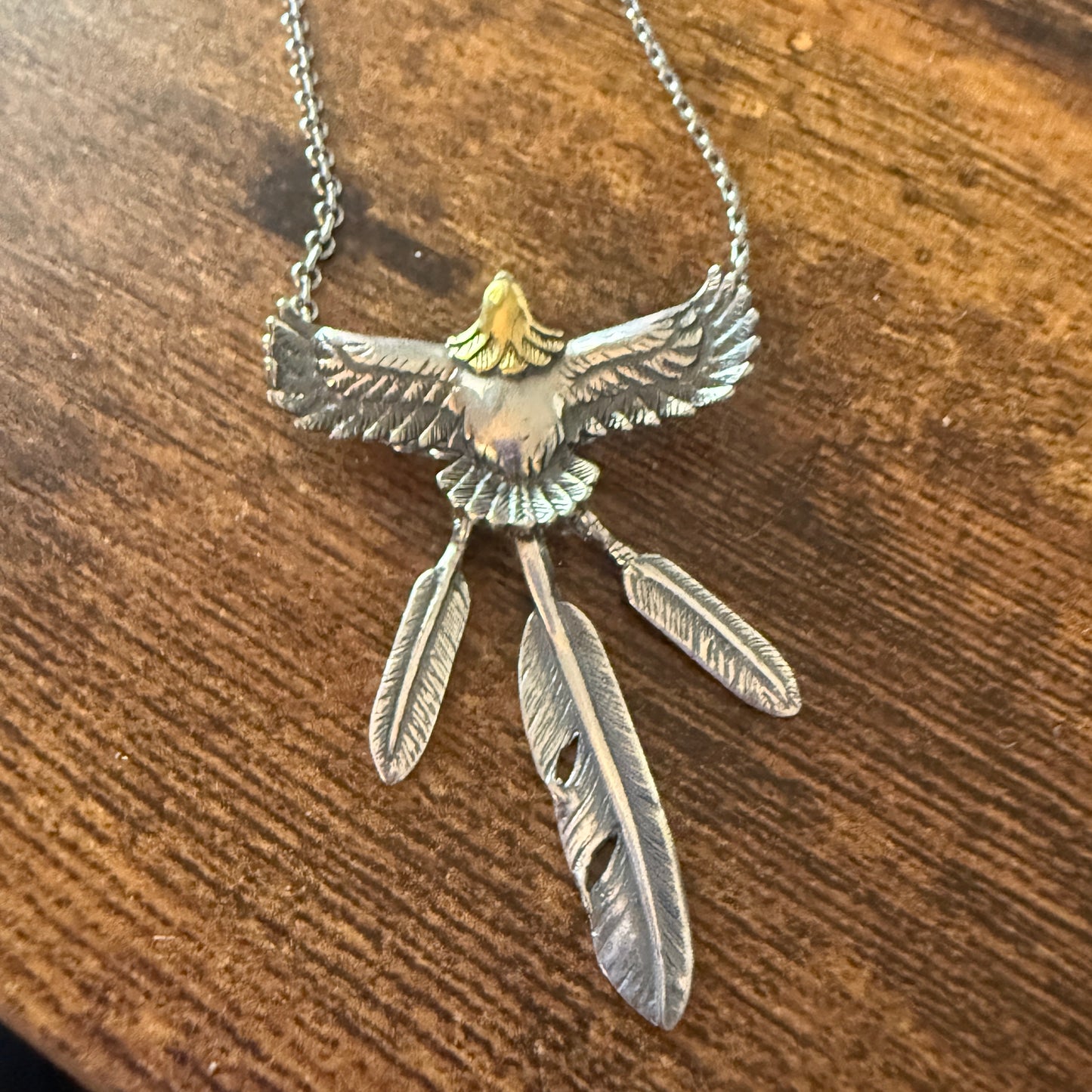 Handcrafted Eagle and Feathers Pendant Necklace Mixed Metals 20 Inch Chain