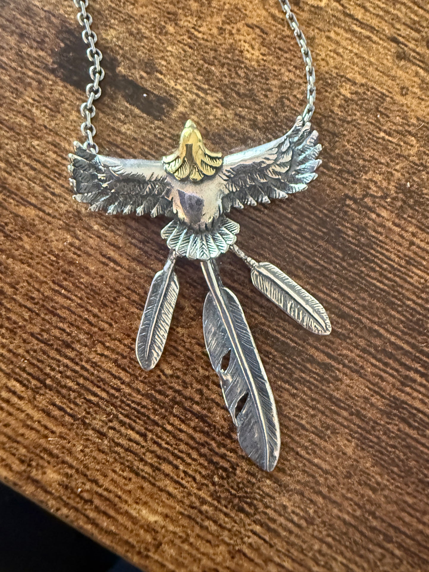 Handcrafted Eagle and Feathers Pendant Necklace Mixed Metals 20 Inch Chain