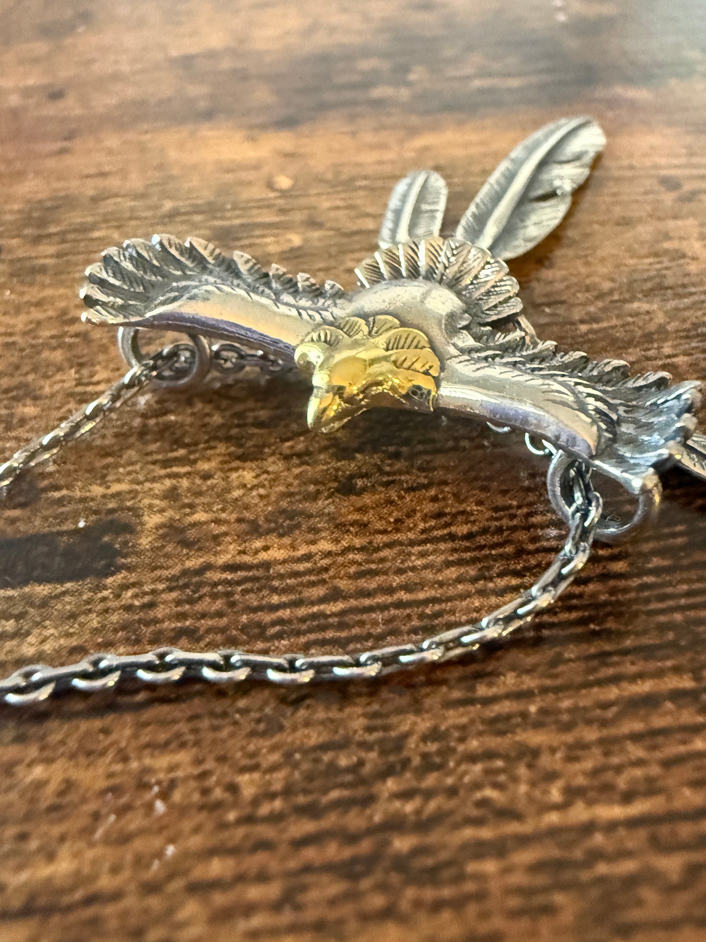 Handcrafted Eagle and Feathers Pendant Necklace Mixed Metals 20 Inch Chain