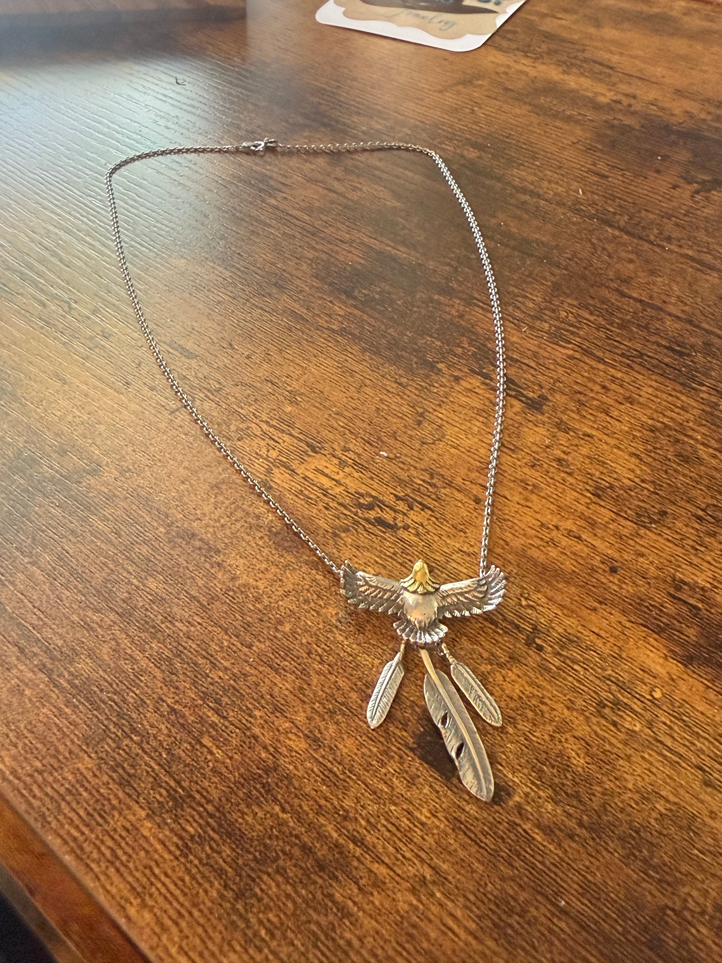 Handcrafted Eagle and Feathers Pendant Necklace Mixed Metals 20 Inch Chain