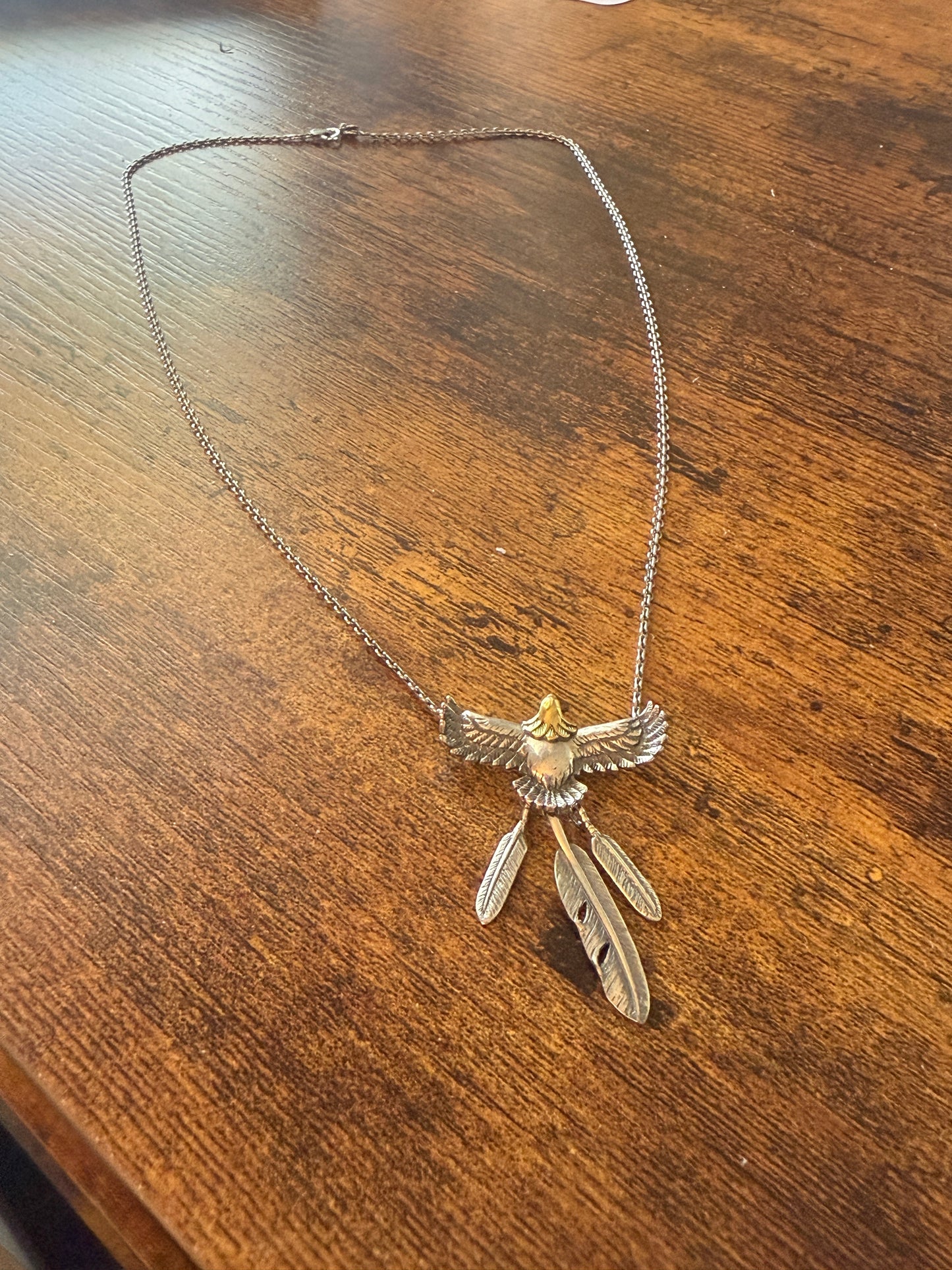 Handcrafted Eagle and Feathers Pendant Necklace Mixed Metals 20 Inch Chain