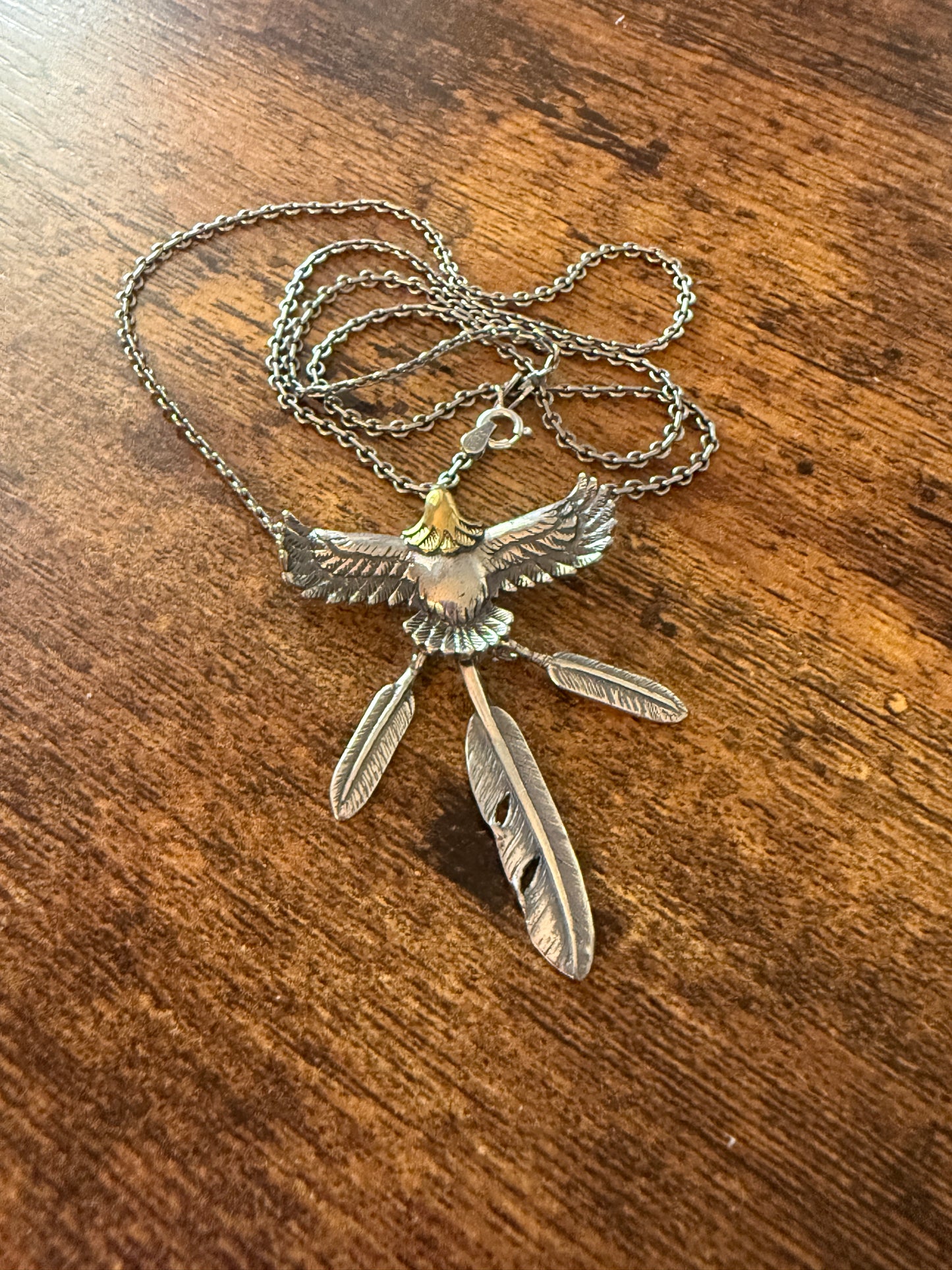 Handcrafted Eagle and Feathers Pendant Necklace Mixed Metals 20 Inch Chain