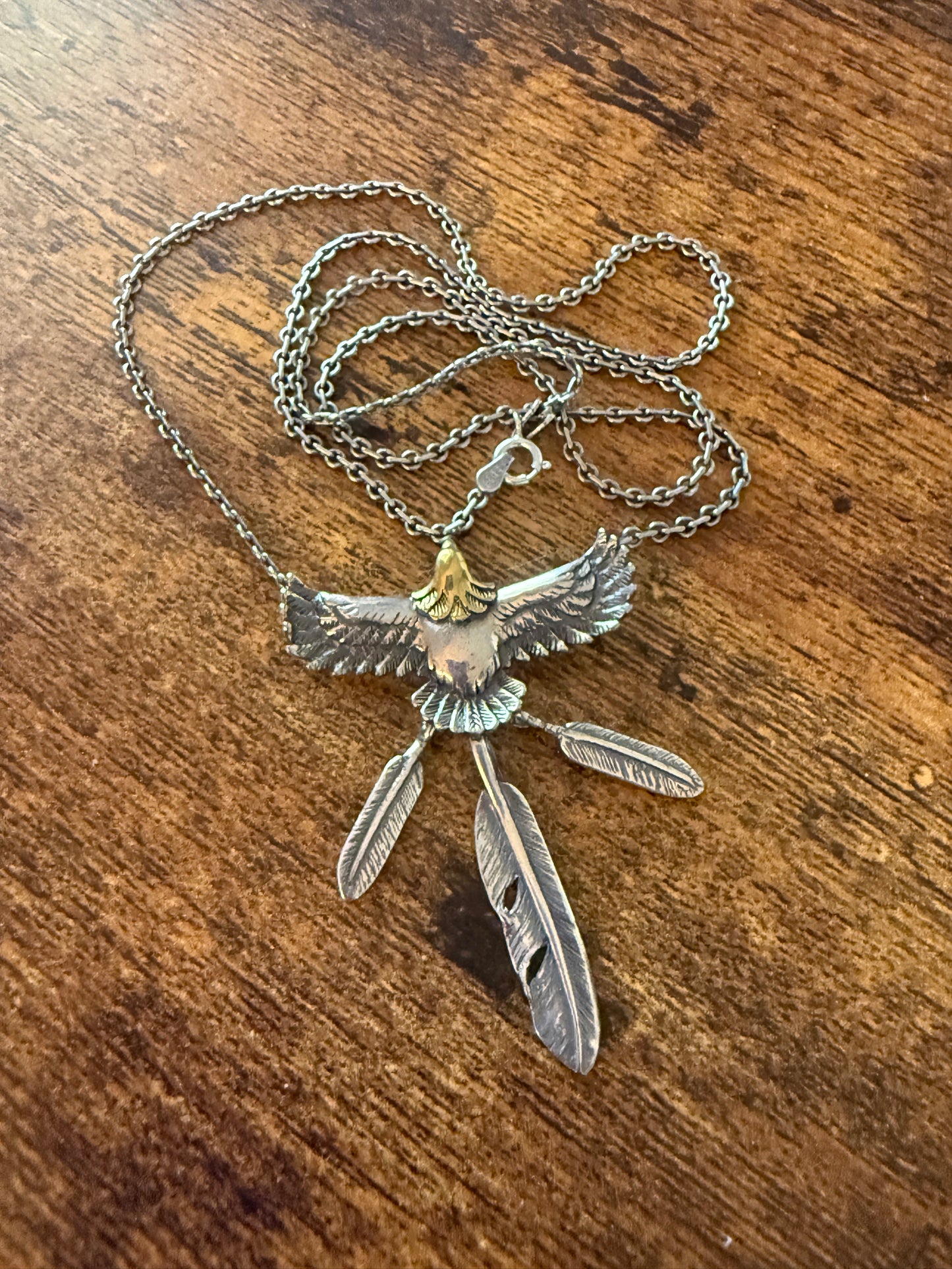 Handcrafted Eagle and Feathers Pendant Necklace Mixed Metals 20 Inch Chain