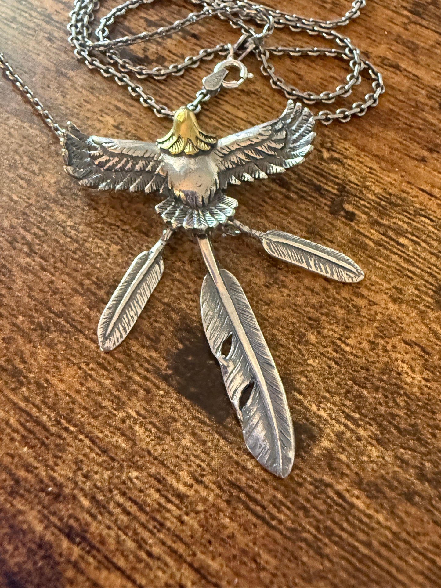 Handcrafted Eagle and Feathers Pendant Necklace Mixed Metals 20 Inch Chain