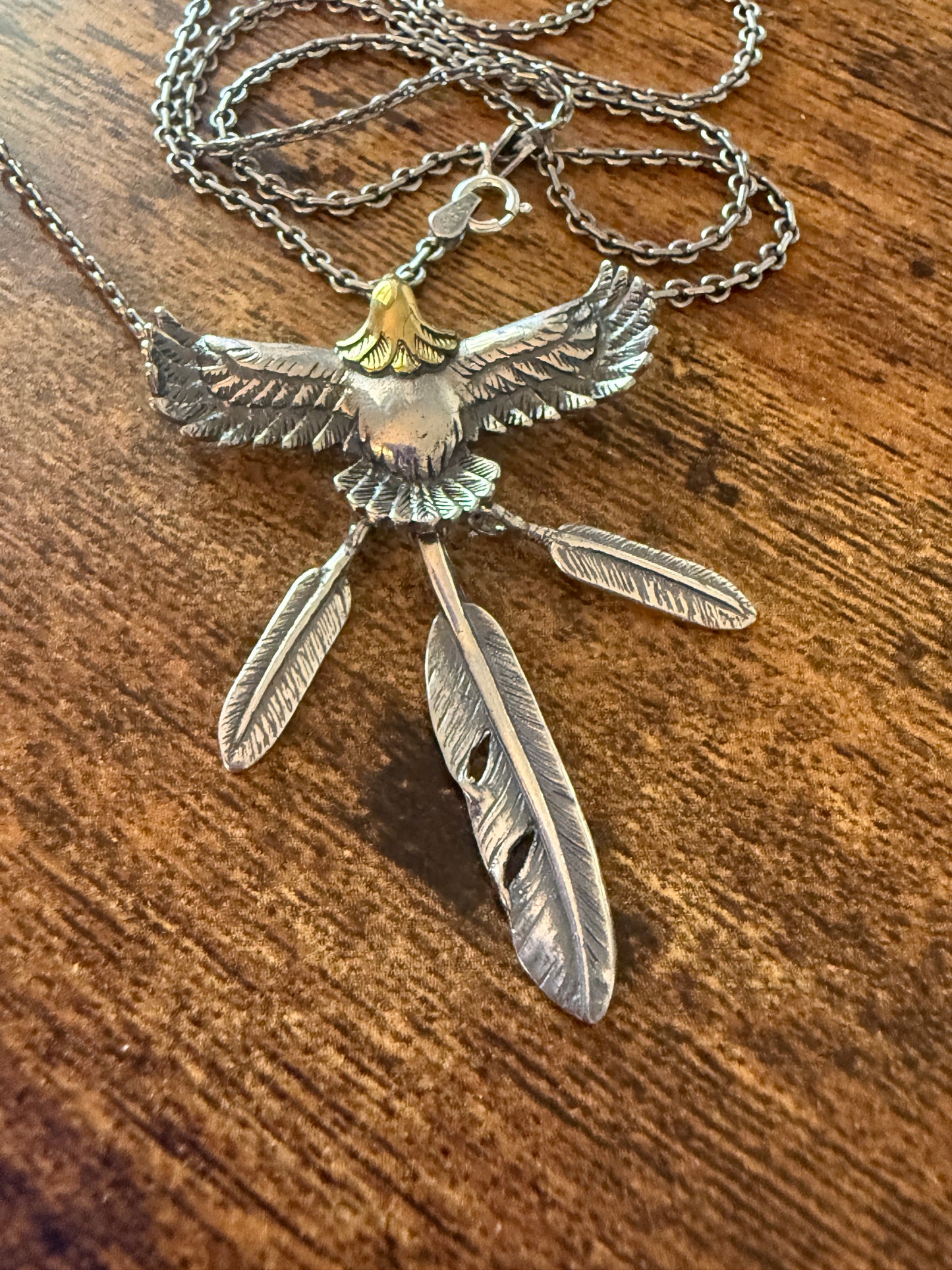 Handcrafted Eagle and Feathers Pendant Necklace Mixed Metals 20 Inch Chain