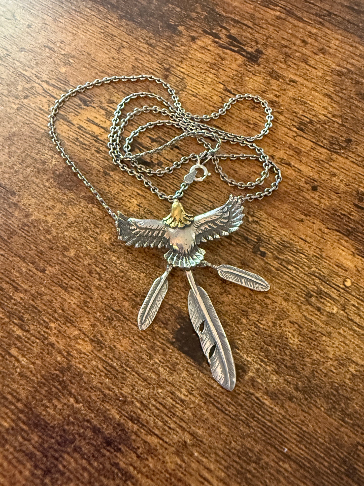 Handcrafted Eagle and Feathers Pendant Necklace Mixed Metals 20 Inch Chain