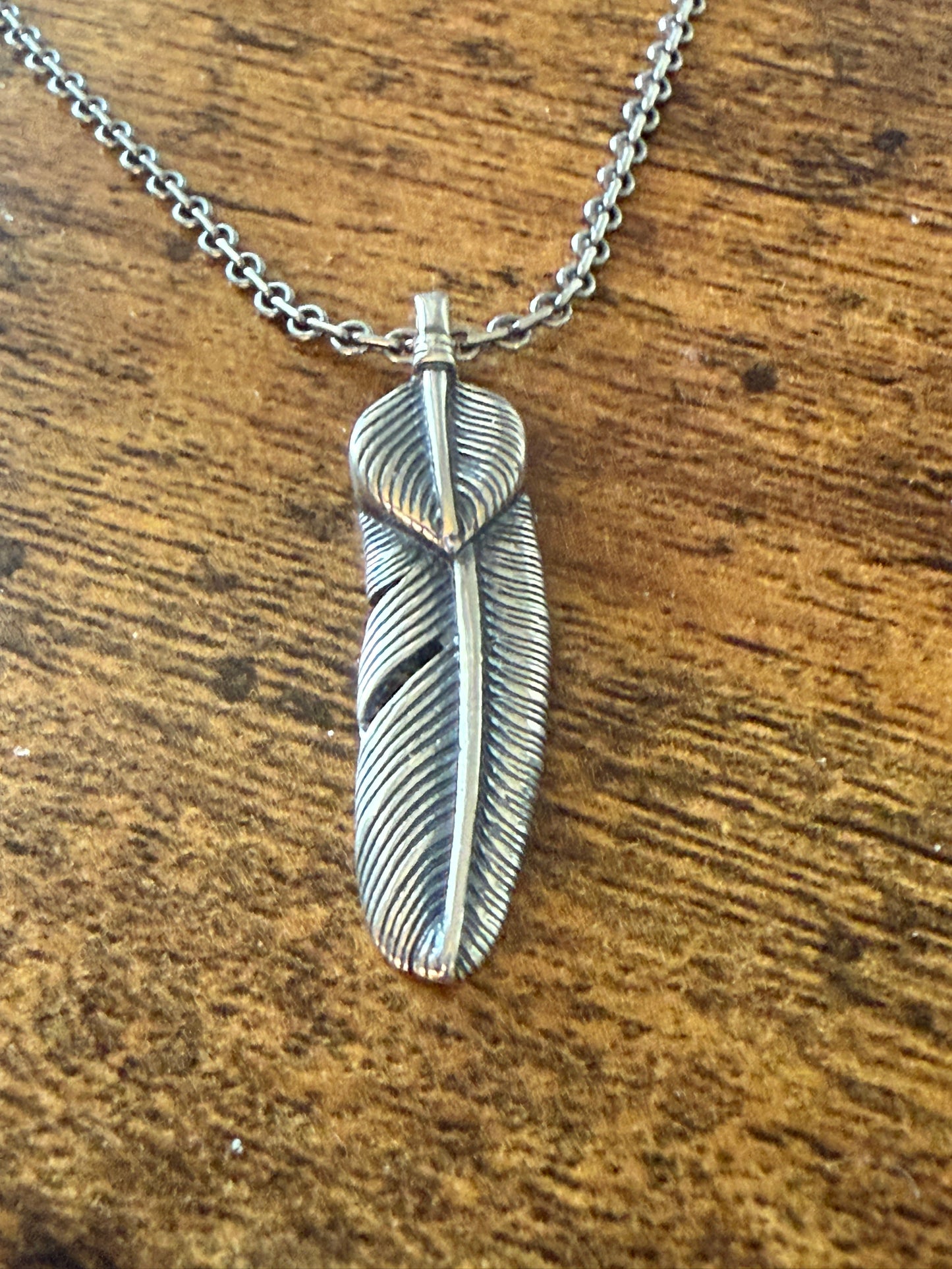 Handcrafted Navajo Feather Pendant Necklace Mixed Metals 20 Inch Chain