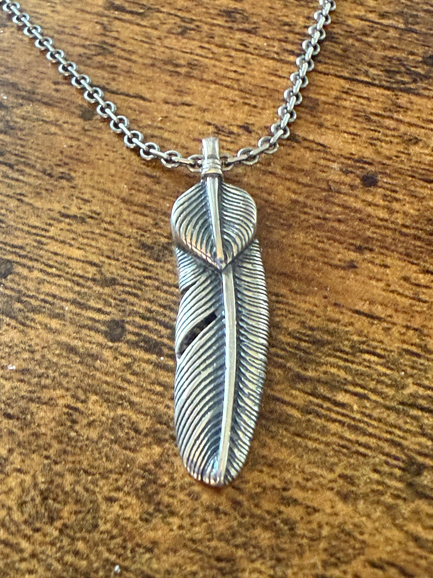Handcrafted Navajo Feather Pendant Necklace Mixed Metals 20 Inch Chain