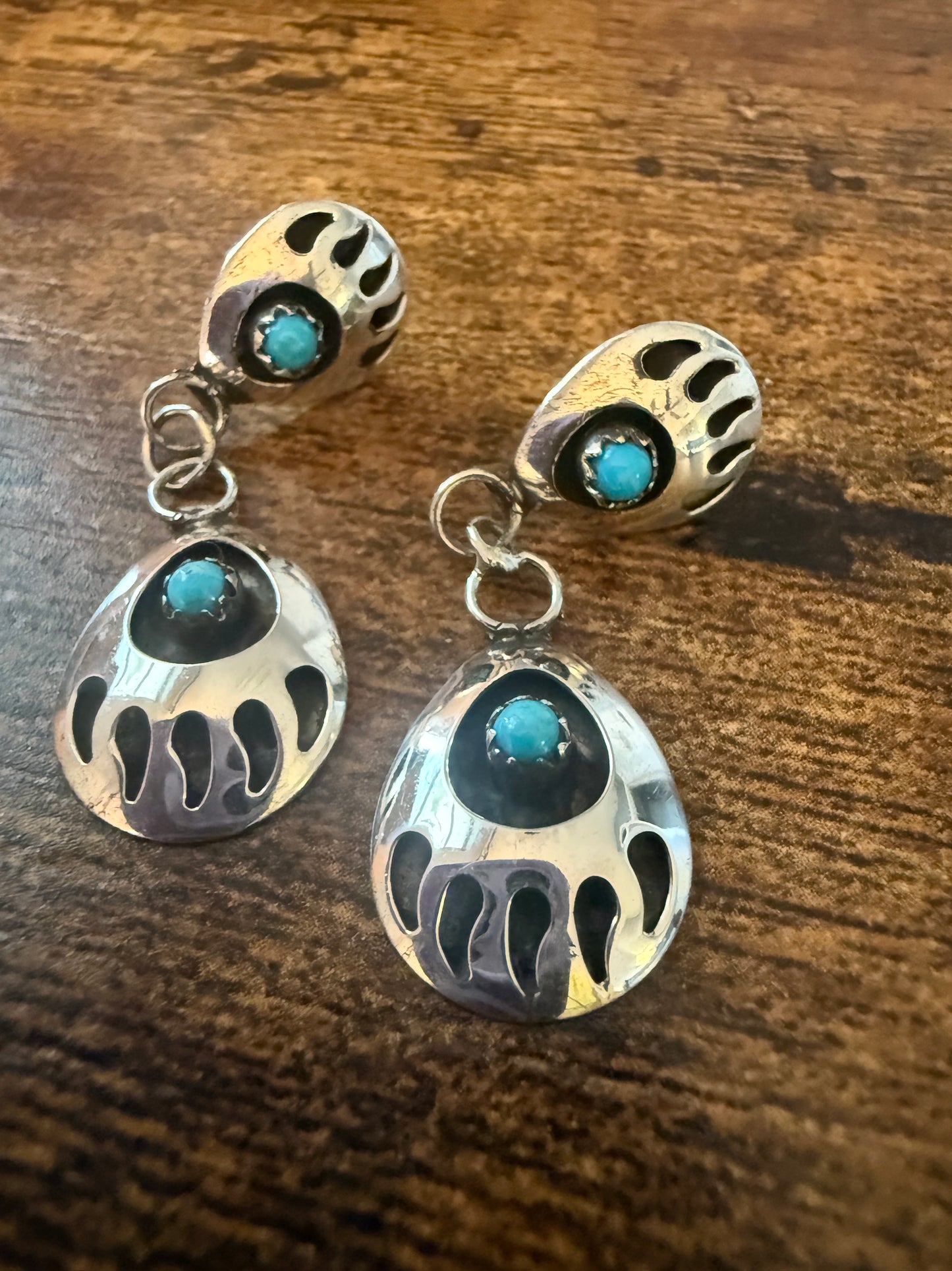 Navajo Turquoise Bear Paw Post Dangle Earrings, Sterling Silver, Signed By Parker