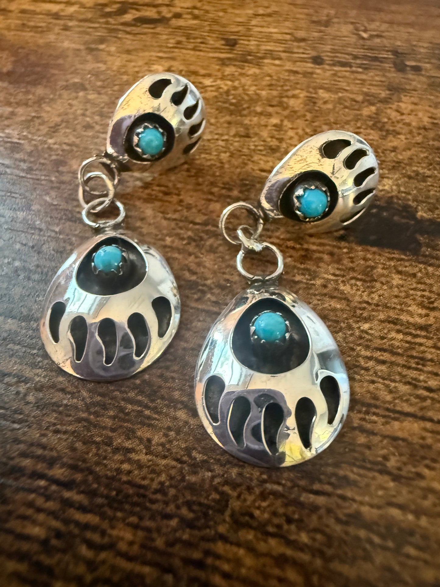Navajo Turquoise Bear Paw Post Dangle Earrings, Sterling Silver, Signed By Parker