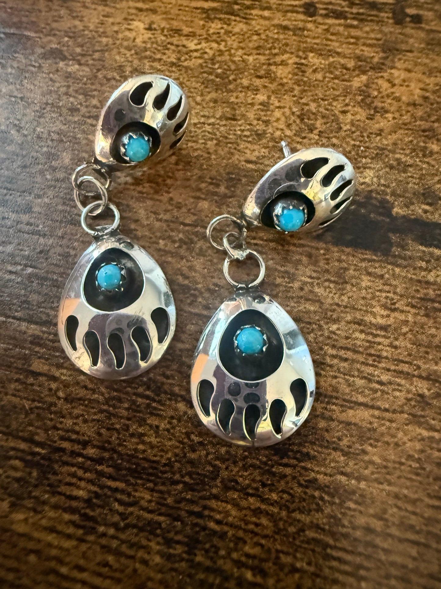 Navajo Turquoise Bear Paw Post Dangle Earrings, Sterling Silver, Signed By Parker