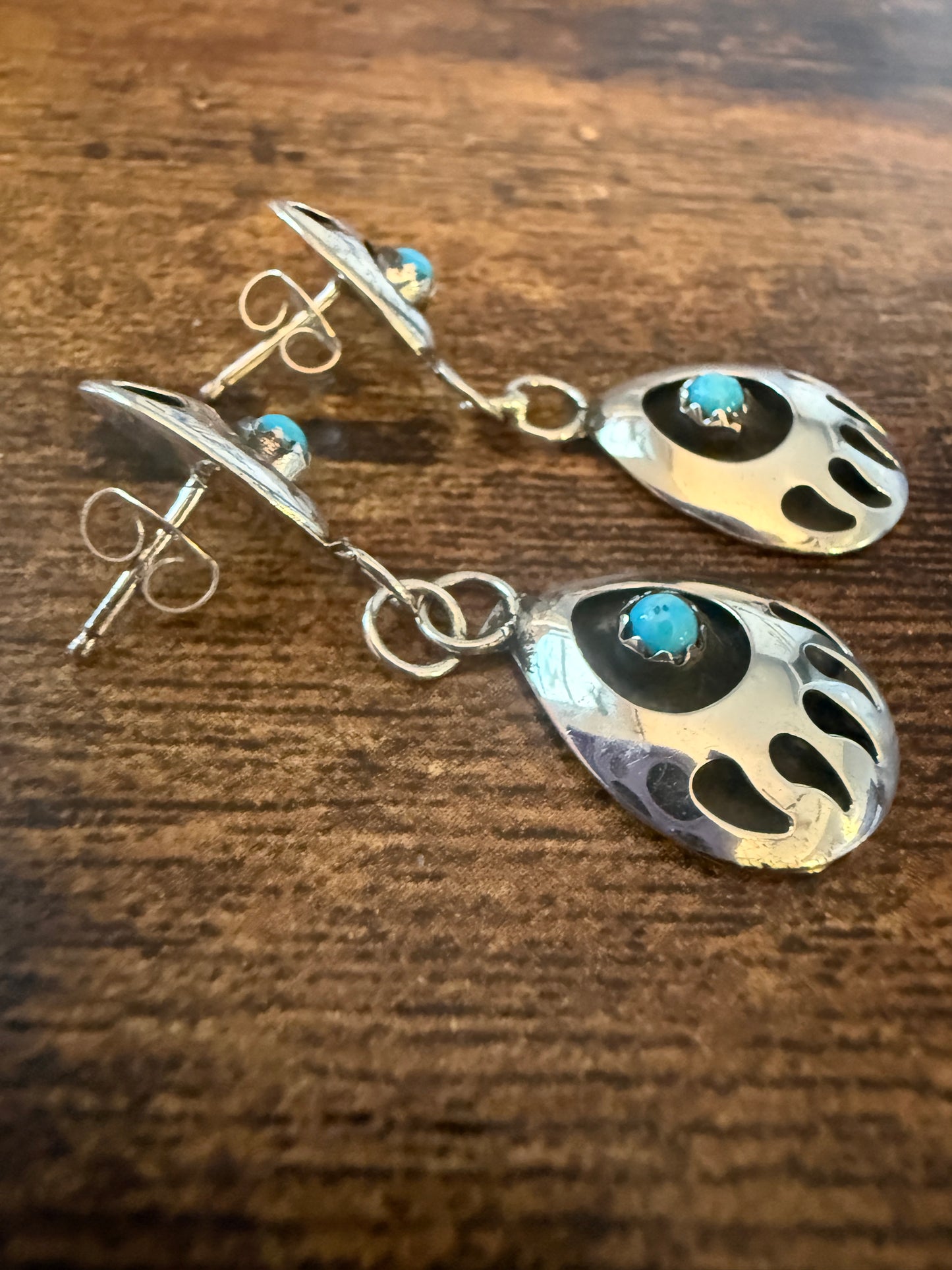 Navajo Turquoise Bear Paw Post Dangle Earrings, Sterling Silver, Signed By Parker
