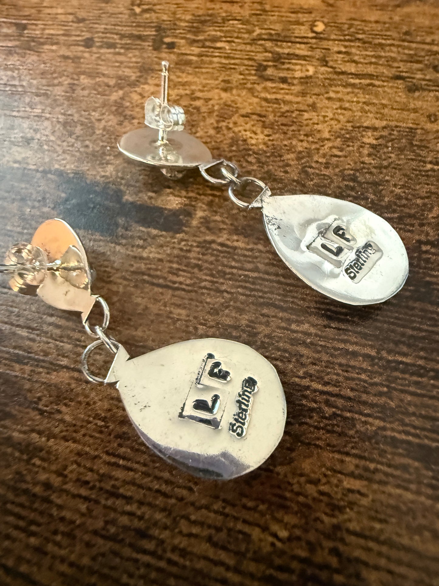 Navajo Turquoise Bear Paw Post Dangle Earrings, Sterling Silver, Signed By Parker