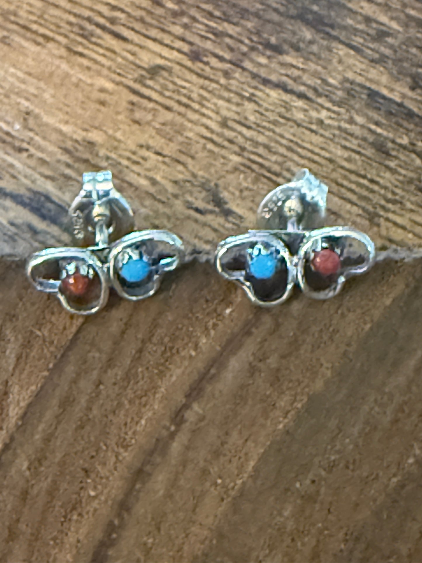 Native American Small Turquoise Coral Heart Post Stud Earrings, Sterling Silver, By Neha