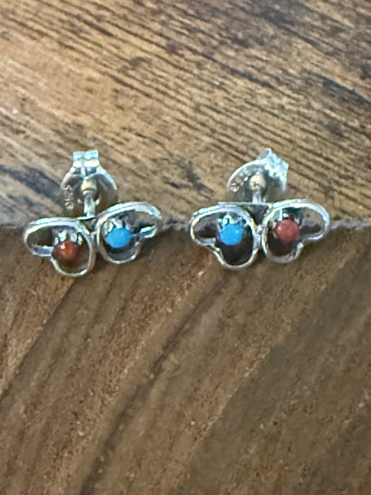 Native American Small Turquoise Coral Heart Post Stud Earrings, Sterling Silver, By Neha