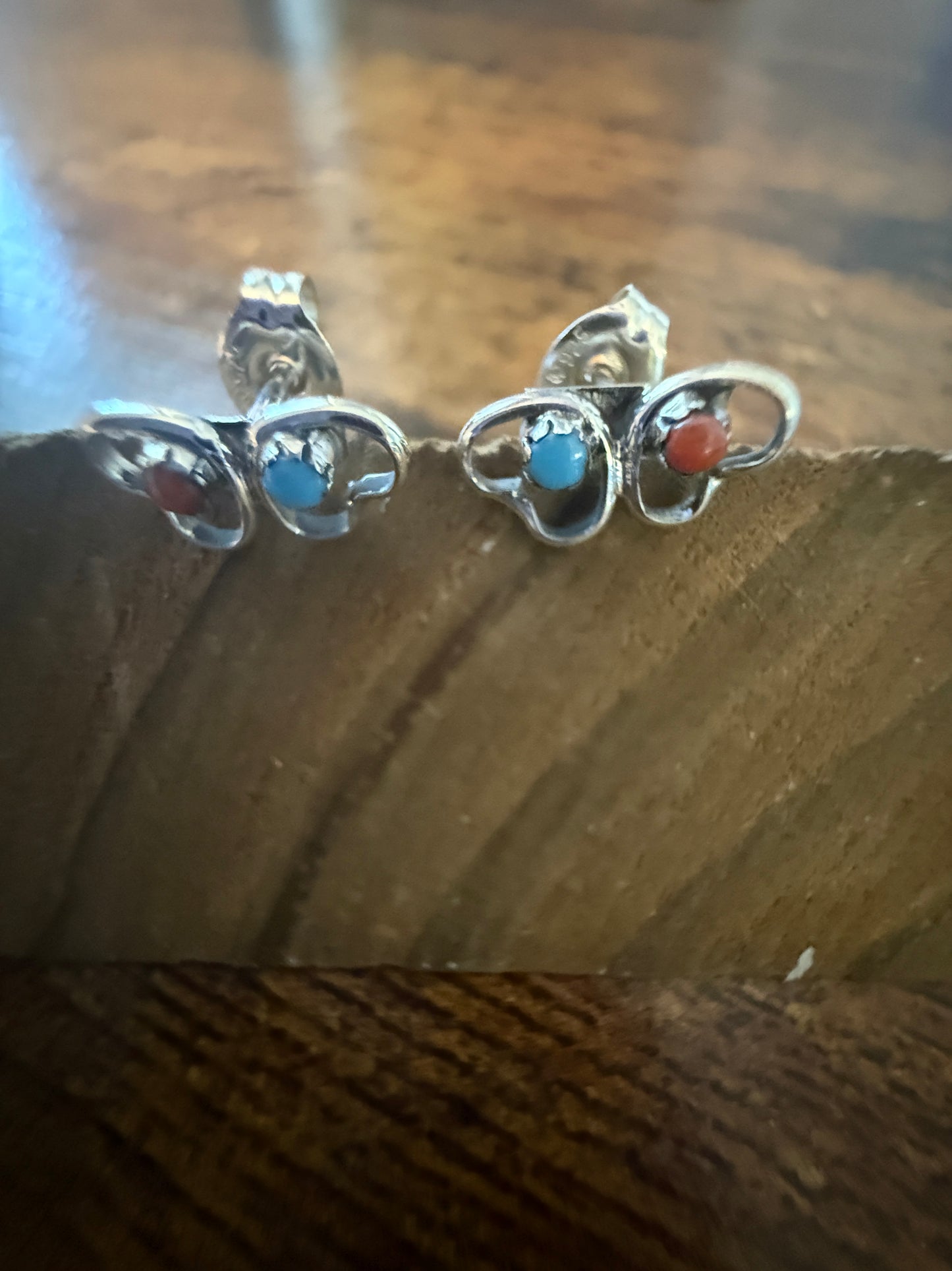 Native American Small Turquoise Coral Heart Post Stud Earrings, Sterling Silver, By Neha