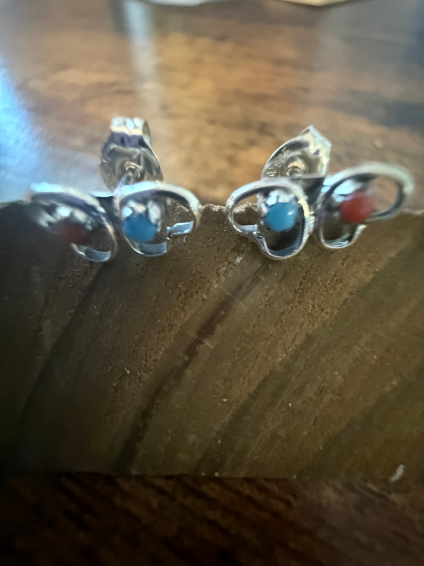 Native American Small Turquoise Coral Heart Post Stud Earrings, Sterling Silver, By Neha