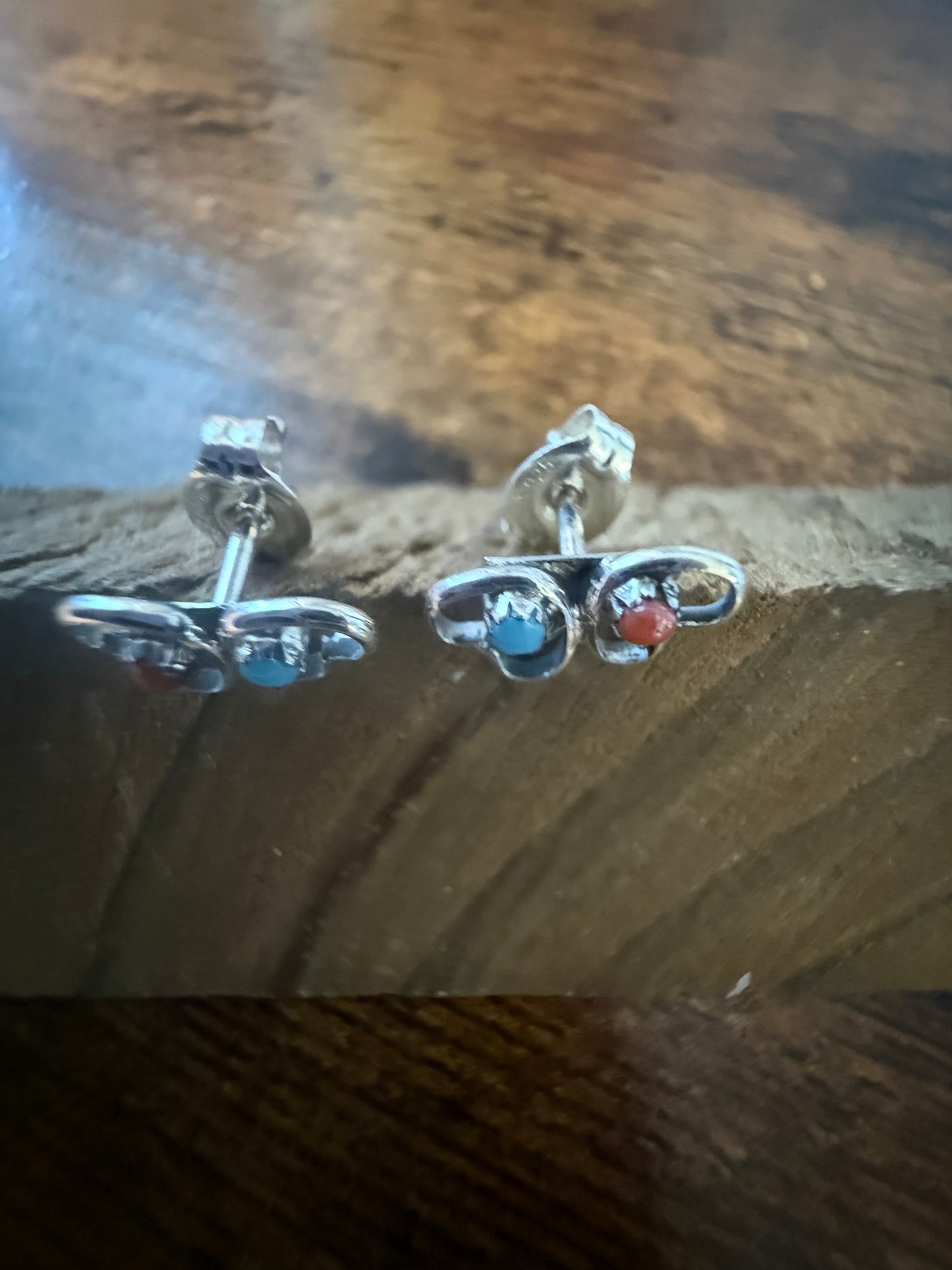 Native American Small Turquoise Coral Heart Post Stud Earrings, Sterling Silver, By Neha