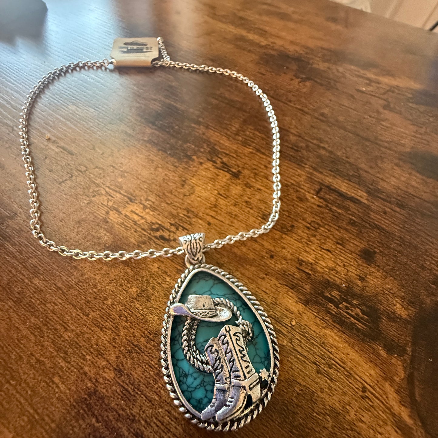 SouthWestern Turquoise Hat and Boot Teardrop Pendant Necklace