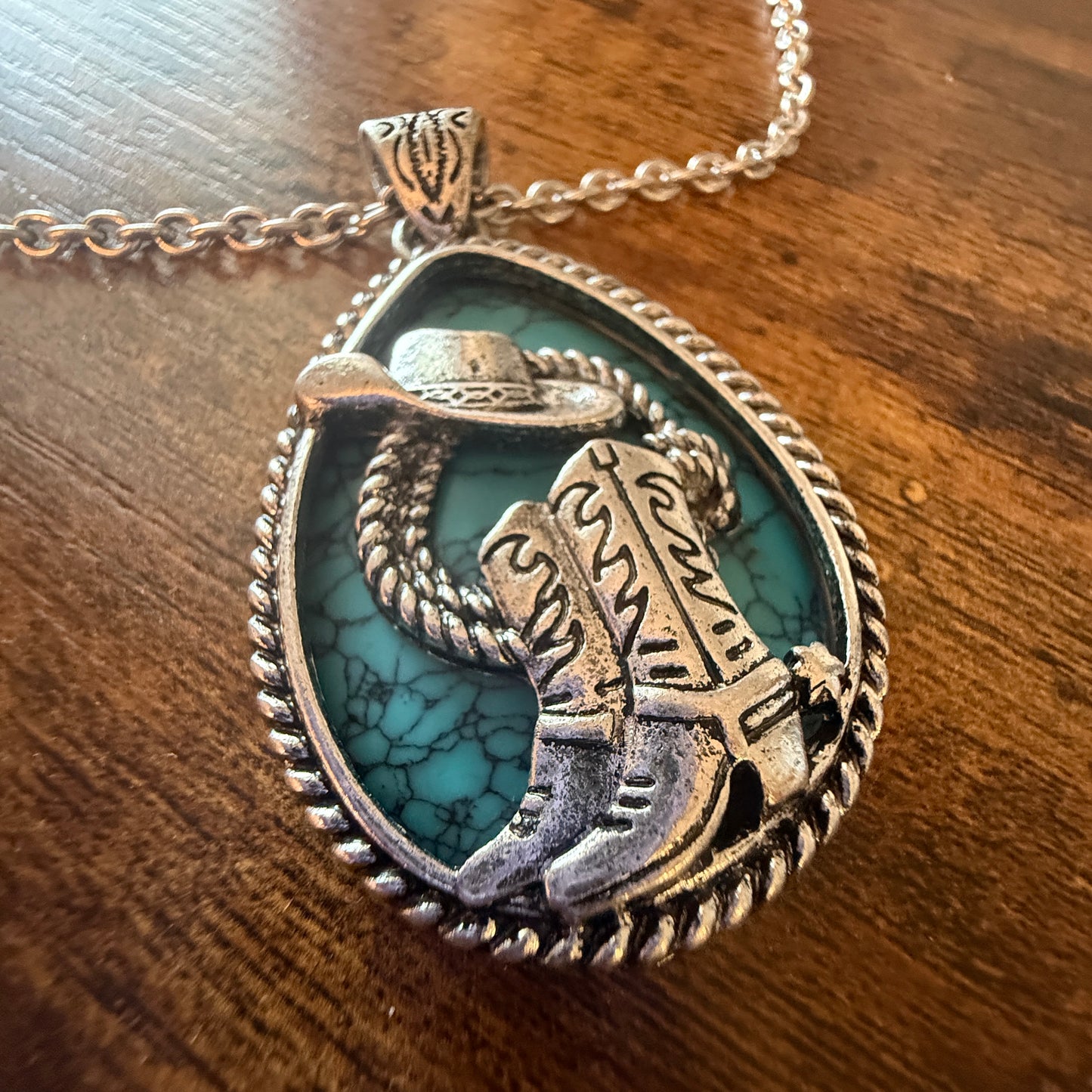 SouthWestern Turquoise Hat and Boot Teardrop Pendant Necklace