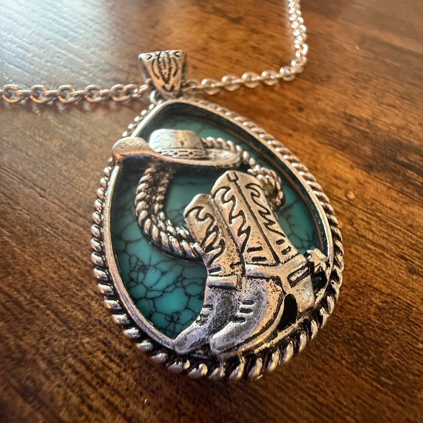 SouthWestern Turquoise Hat and Boot Teardrop Pendant Necklace