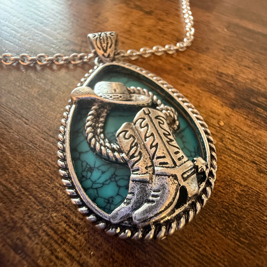 SouthWestern Turquoise Hat and Boot Teardrop Pendant Necklace