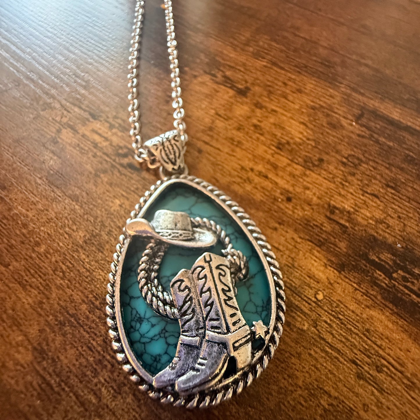 SouthWestern Turquoise Hat and Boot Teardrop Pendant Necklace