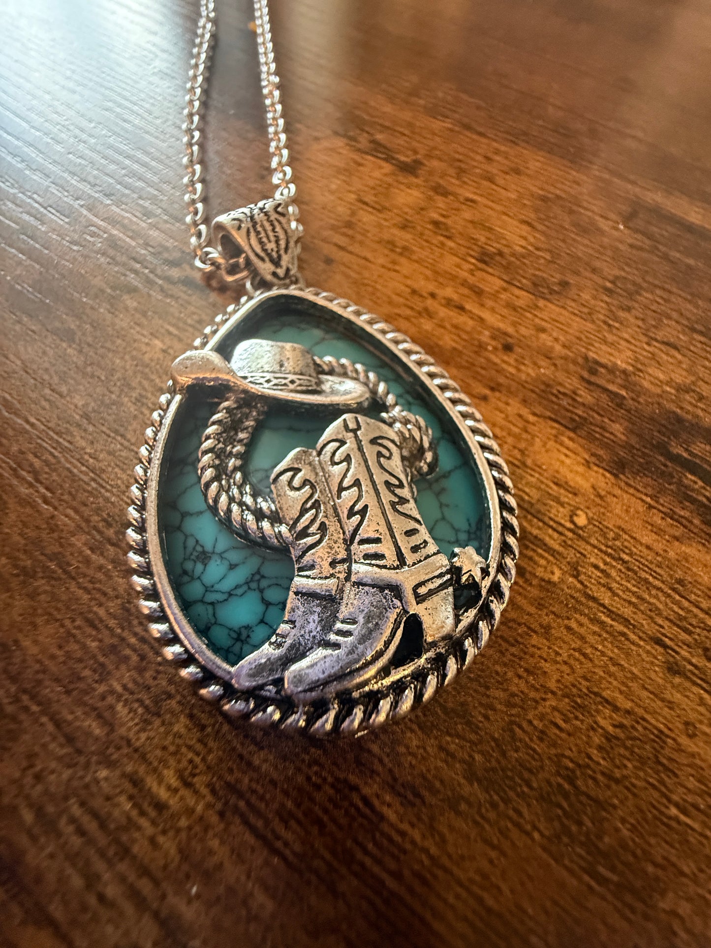 SouthWestern Turquoise Hat and Boot Teardrop Pendant Necklace
