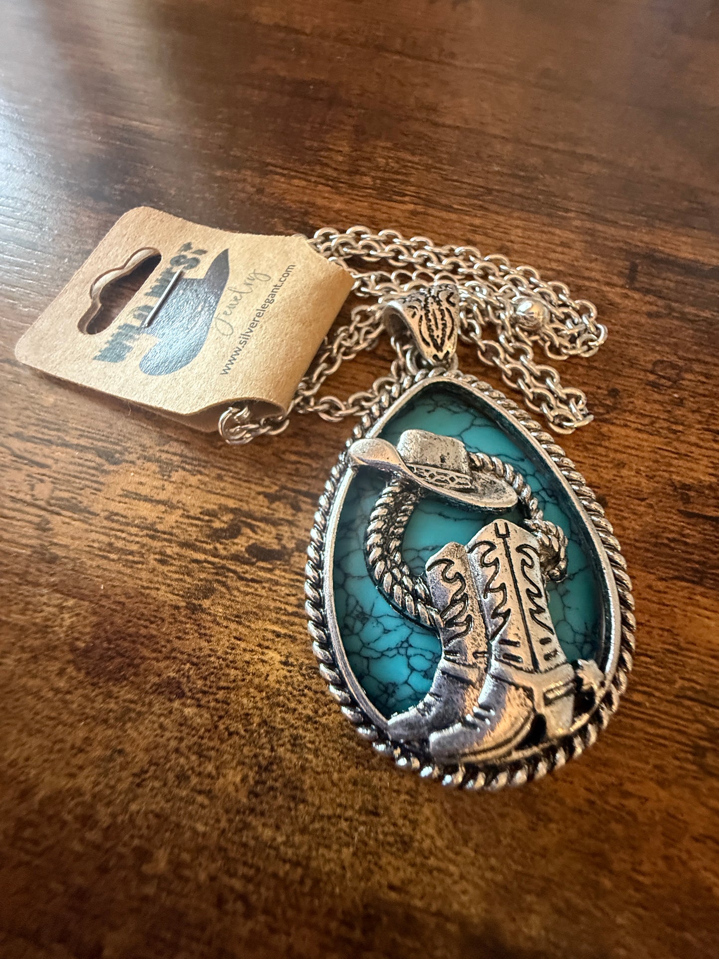 SouthWestern Turquoise Hat and Boot Teardrop Pendant Necklace