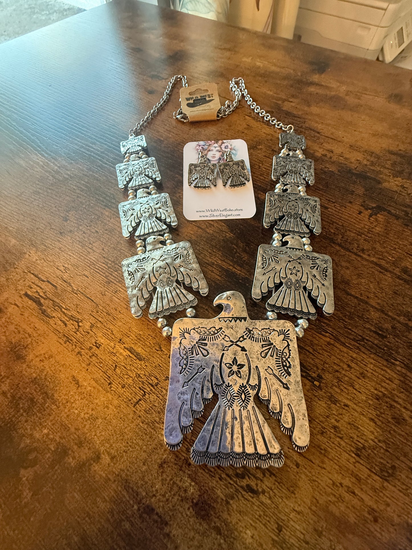 Thunderbird Multi Charm Western Necklace With Layered Charms and Earring Set