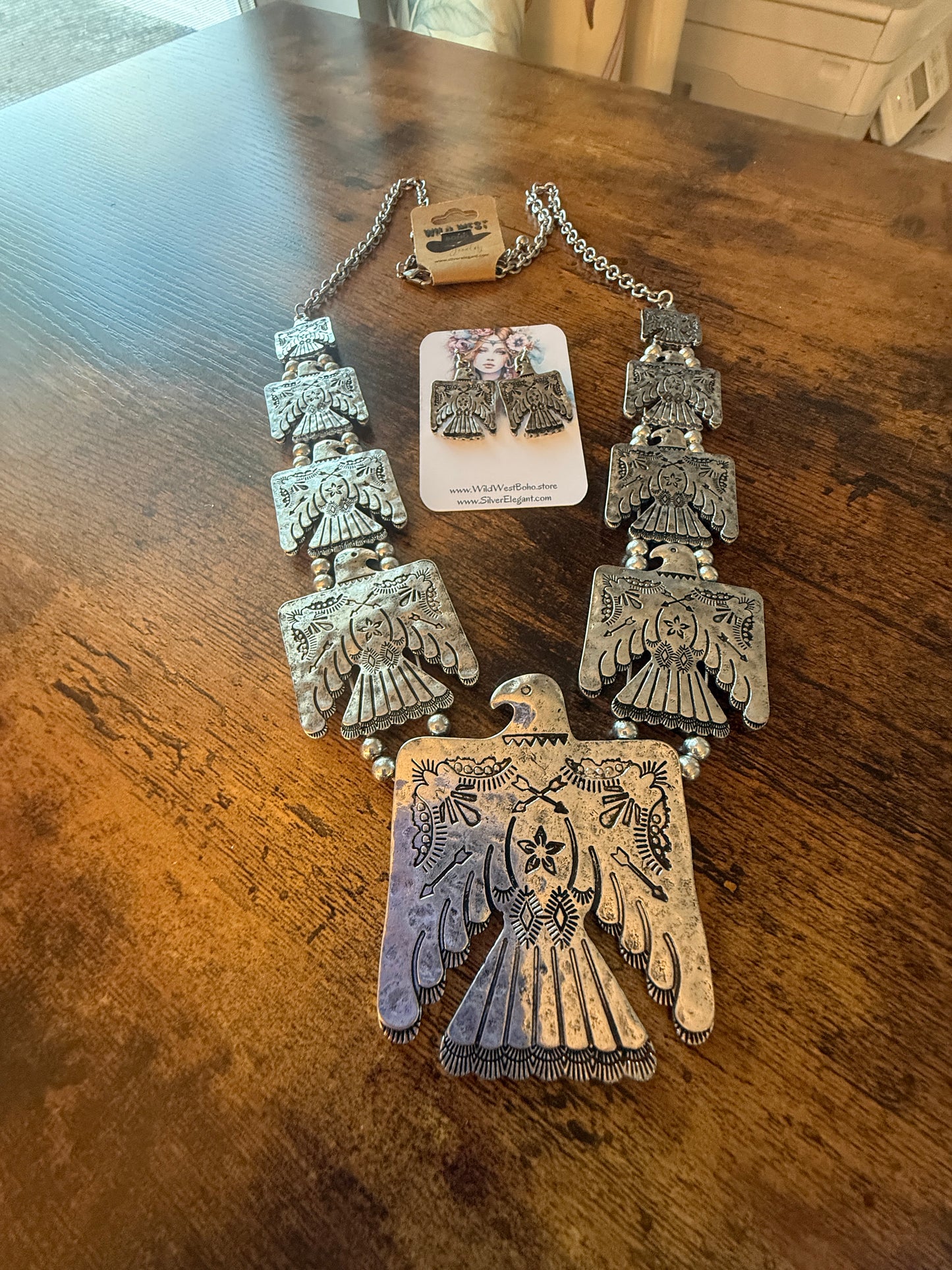 Thunderbird Multi Charm Western Necklace With Layered Charms and Earring Set