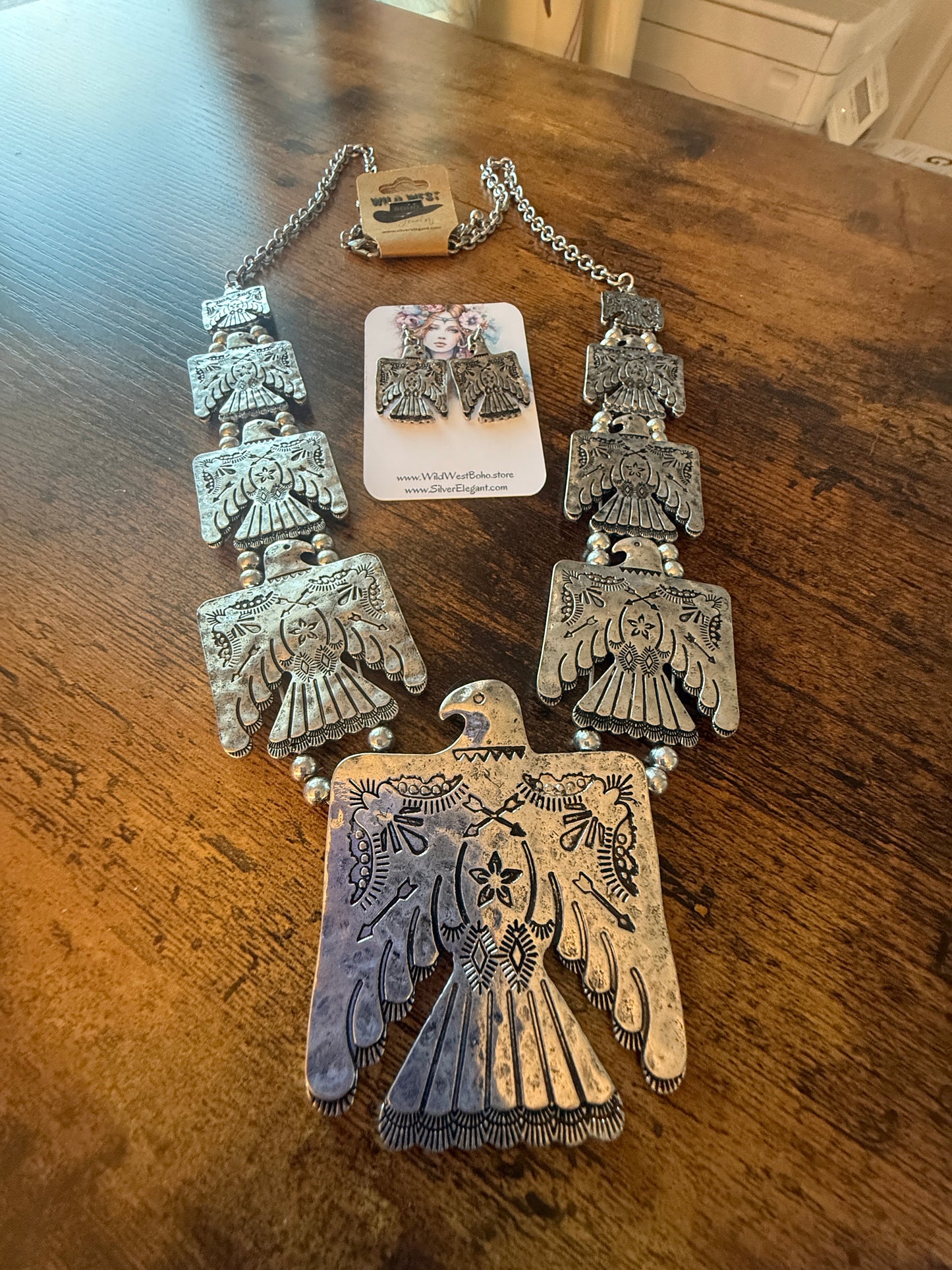 Thunderbird Multi Charm Western Necklace With Layered Charms and Earring Set