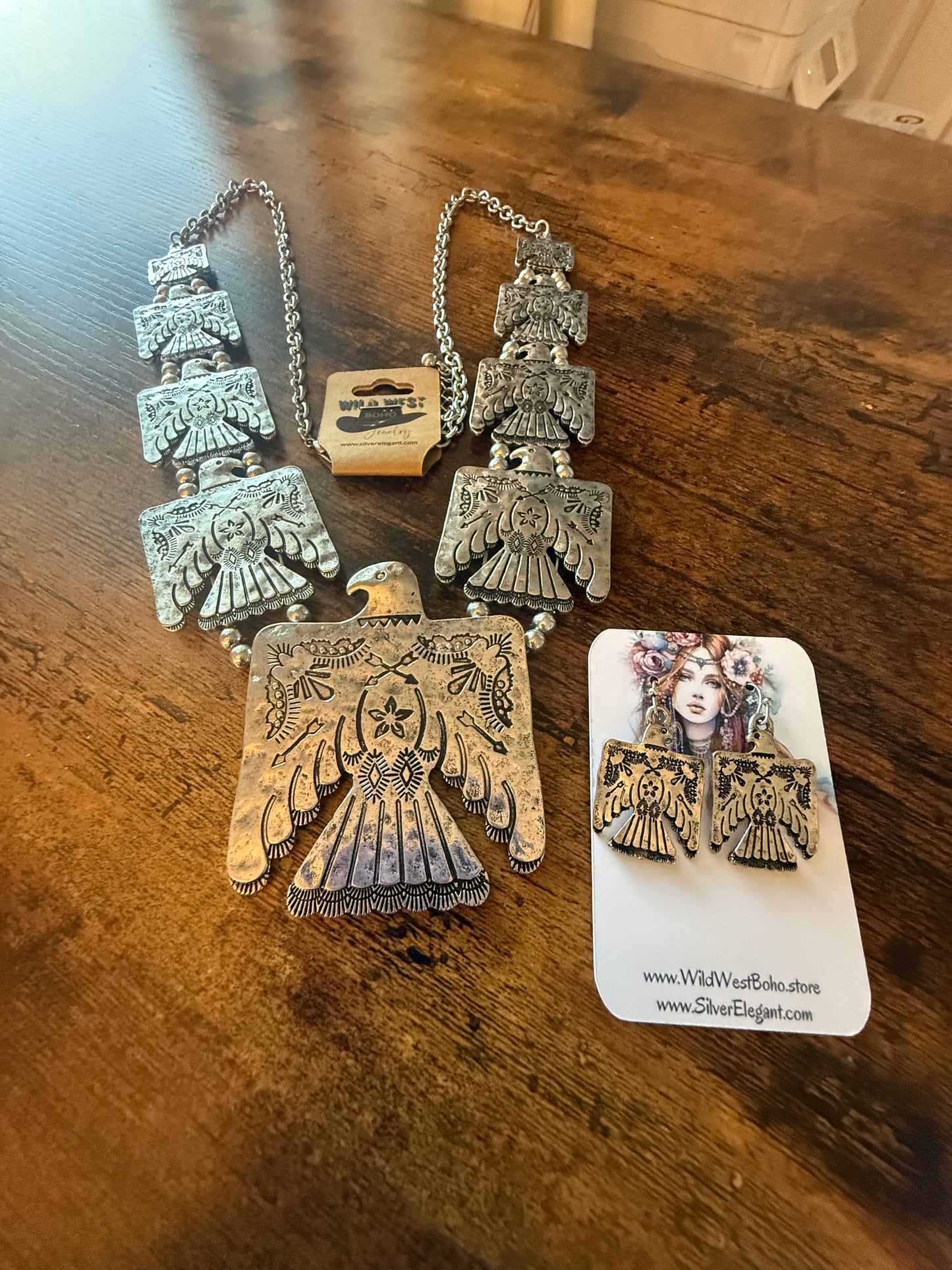 Thunderbird Multi Charm Western Necklace With Layered Charms and Earring Set